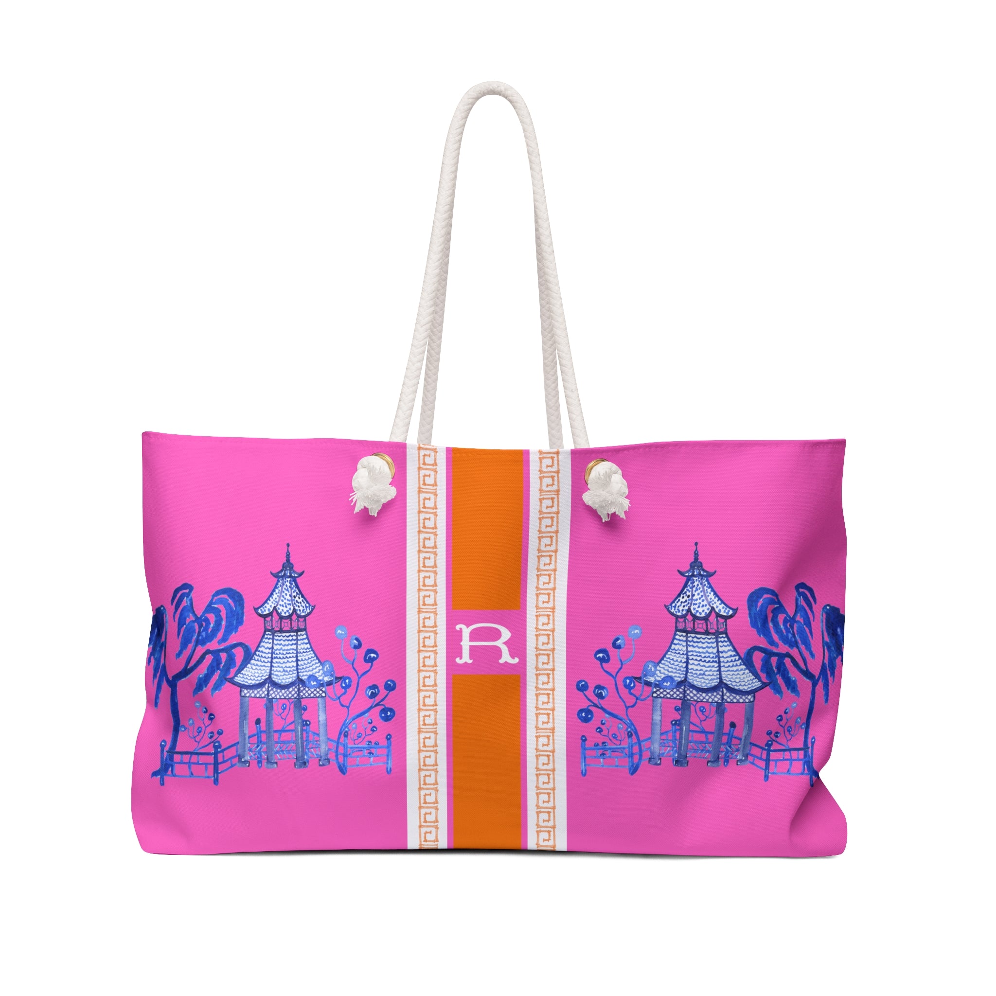 Monogrammed Pink Chinoiserie Mahjong Tote Bag: Blue Pagoda, Personalized Mahjong Gift, Maj Carry-All Travel Duffel