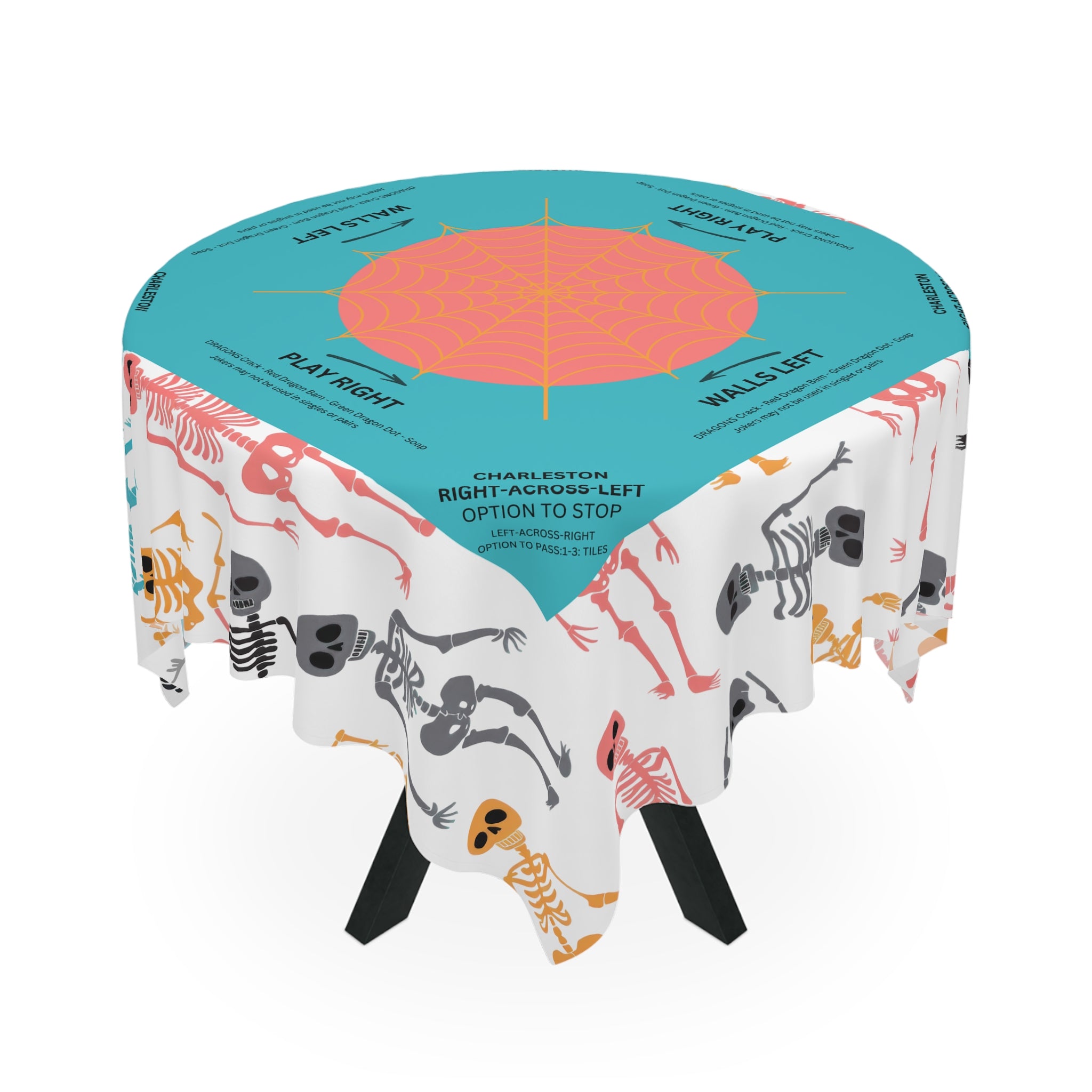 Halloween MAHJONG Tablecloth Skeletons, Charleston Rules, Size 55 x 55, Hostess Gift, Teal, Orange, Spider Web, Instructions for Beginners