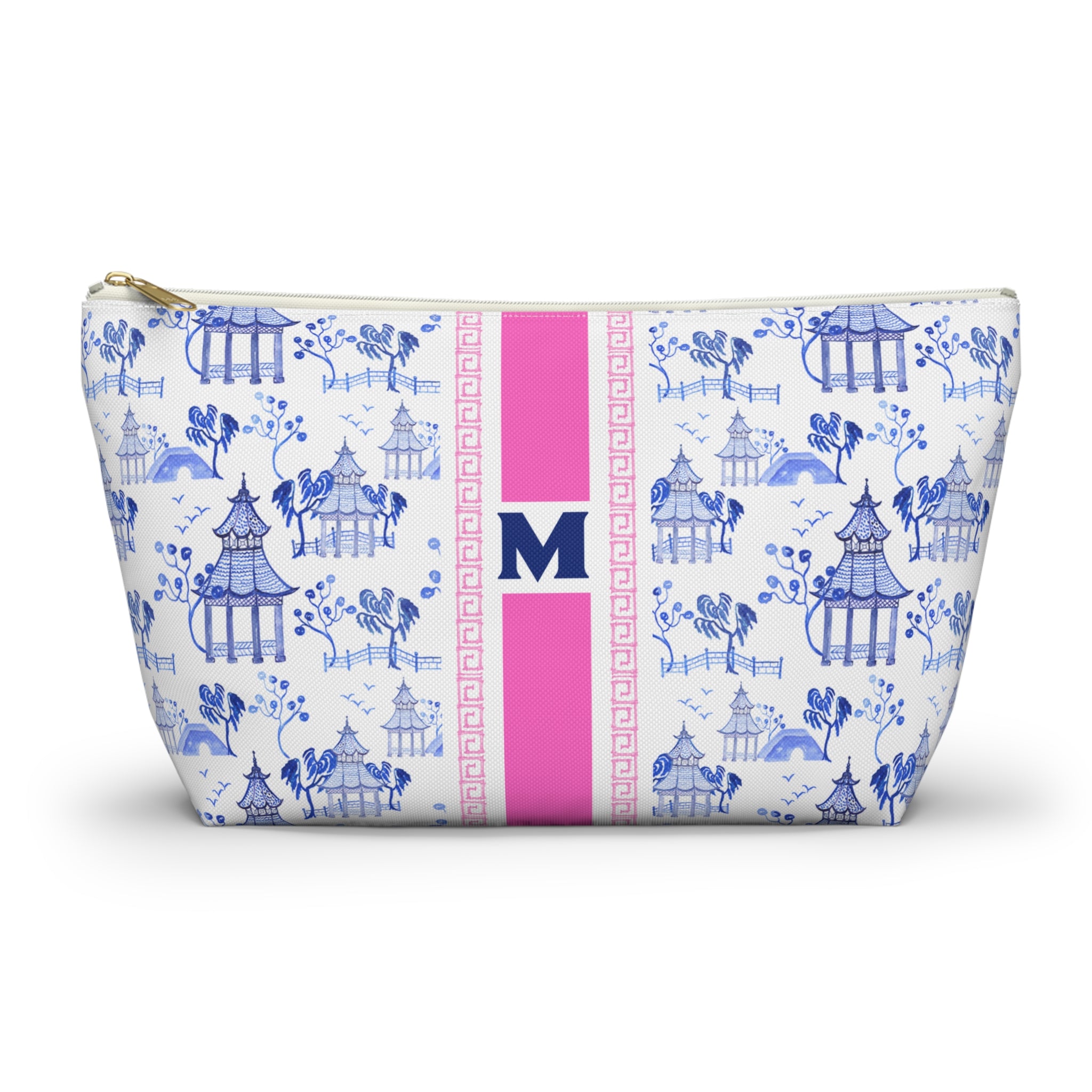 Monogrammed Mahjong Tile Bag: Chinoiserie Travel Pouch, Blue Pagoda, Small and Large