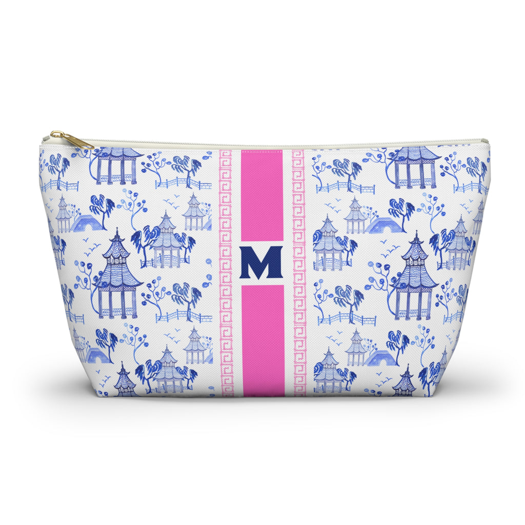 Monogrammed Mahjong Tile Bag: Chinoiserie Travel Pouch, Blue Pagoda, Small and Large