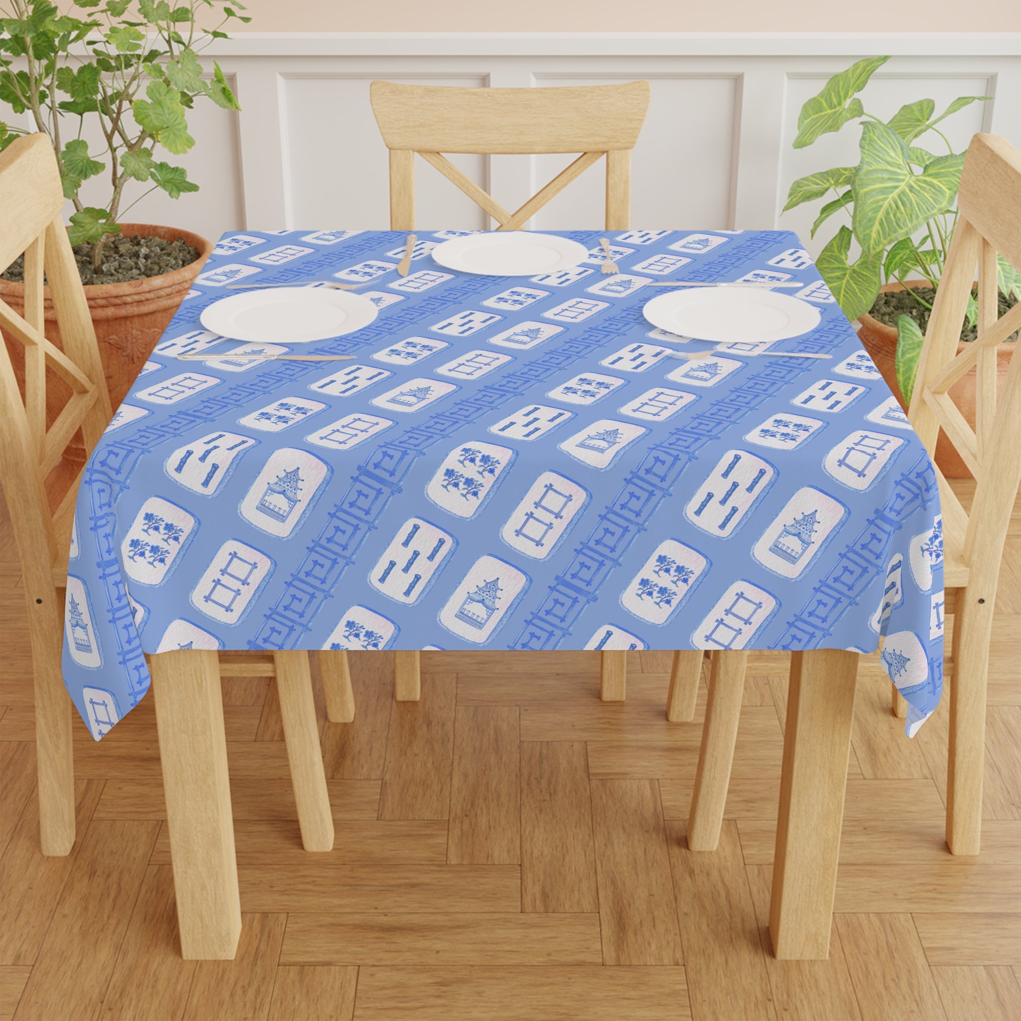 Blue Chinoiserie Mahjong Tile Tablecloth, Grandmillennial Table Cover, Hostess Gift, Game Night, West Palm Beach Style, Preppy Bamboo