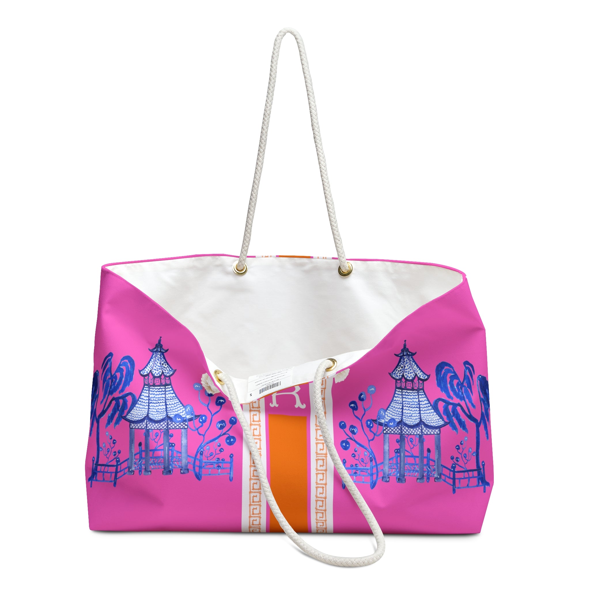 Monogrammed Pink Chinoiserie Mahjong Tote Bag: Blue Pagoda, Personalized Mahjong Gift, Maj Carry-All Travel Duffel