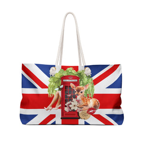 London Collage Art Beach Bag, Magnolia Parks, Baby Deer, Bee, British Flag, Weeping Willow, Travel Luggage, Large Red, White and Blue Tote