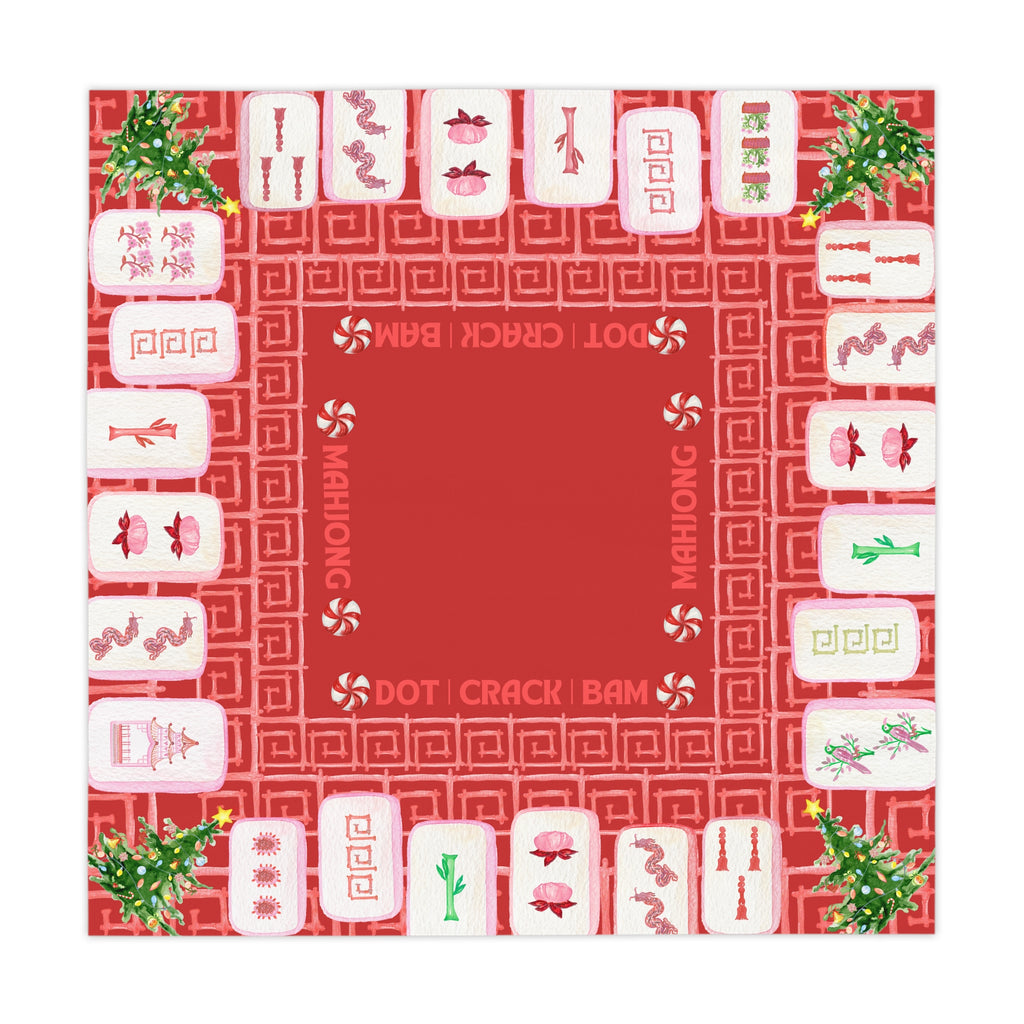 Christmas MAHJONG Tile Tablecloth, Size 55 x 55, Christmas Tree Peppermint Candy, Hostess Gift, Mahj Prize, Red Bamboo Table Cover