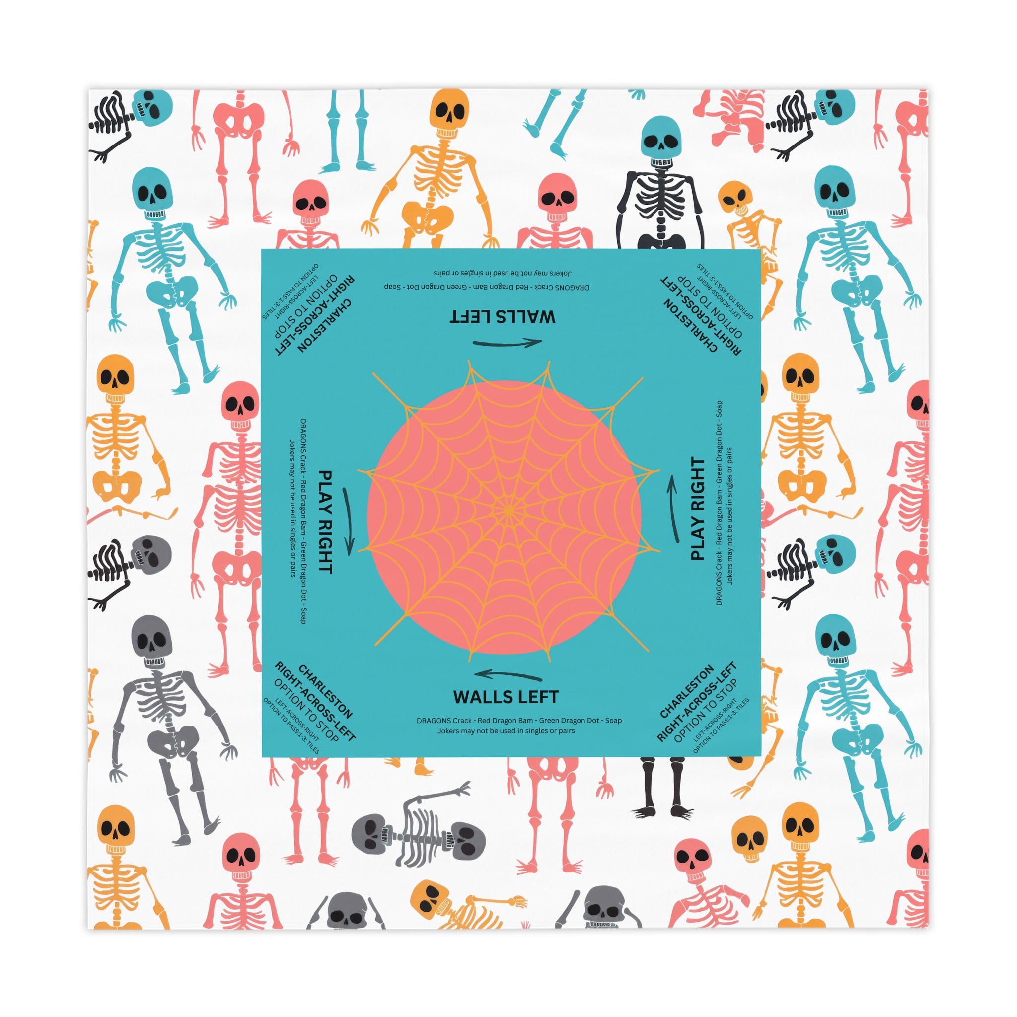 Halloween MAHJONG Tablecloth Skeletons, Charleston Rules, Size 55 x 55, Hostess Gift, Teal, Orange, Spider Web, Instructions for Beginners