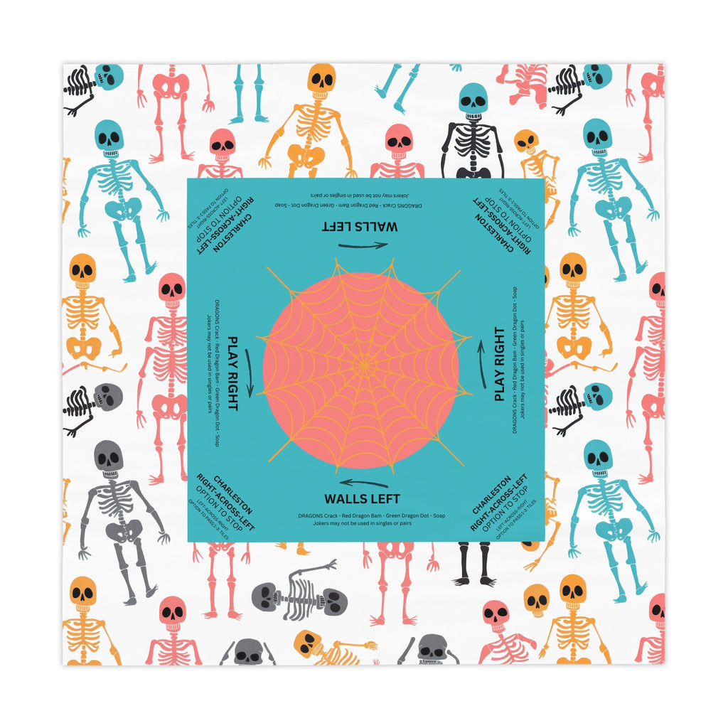 Halloween MAHJONG Tablecloth Skeletons, Charleston Rules, Size 55 x 55, Hostess Gift, Teal, Orange, Spider Web, Instructions for Beginners