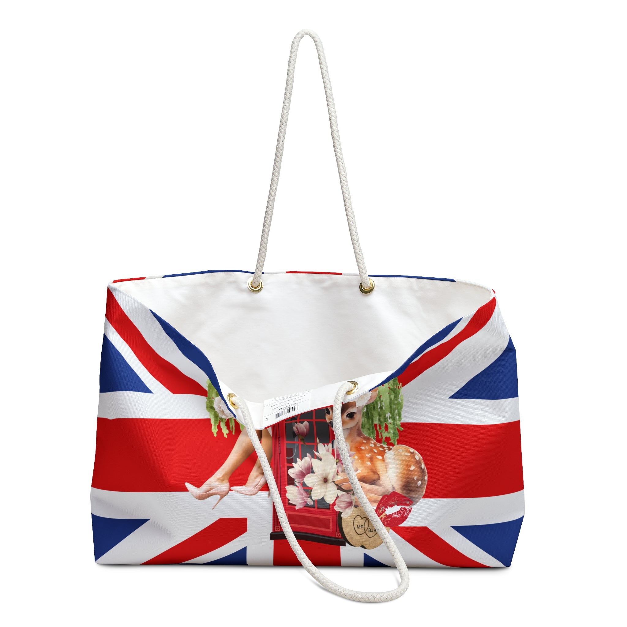London Collage Art Beach Bag, Magnolia Parks, Baby Deer, Bee, British Flag, Weeping Willow, Travel Luggage, Large Red, White and Blue Tote