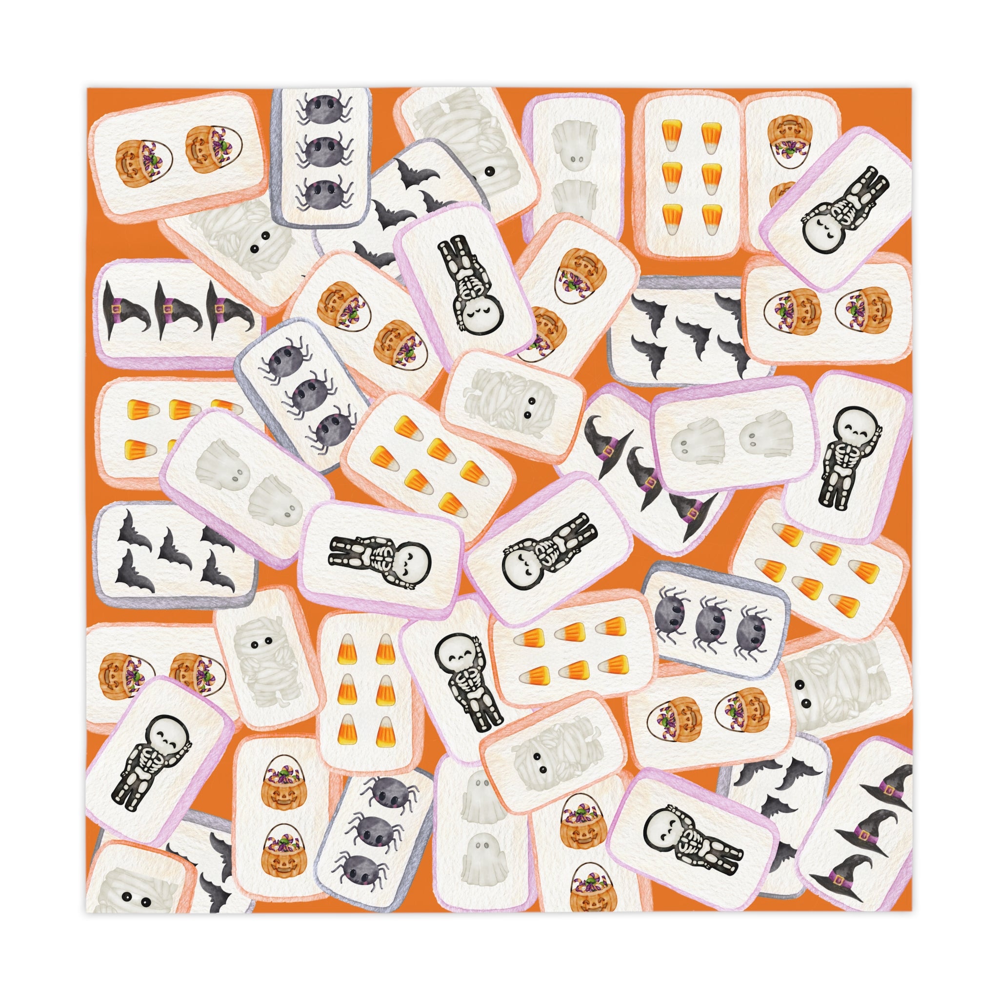 Halloween MAHJONG Tiles Tablecloth, 55 x 55, Hostess Gift, Bat, Pumpkin, Mummy, Skeleton, Ghost, Spider, Witch, Handpainted Tiles