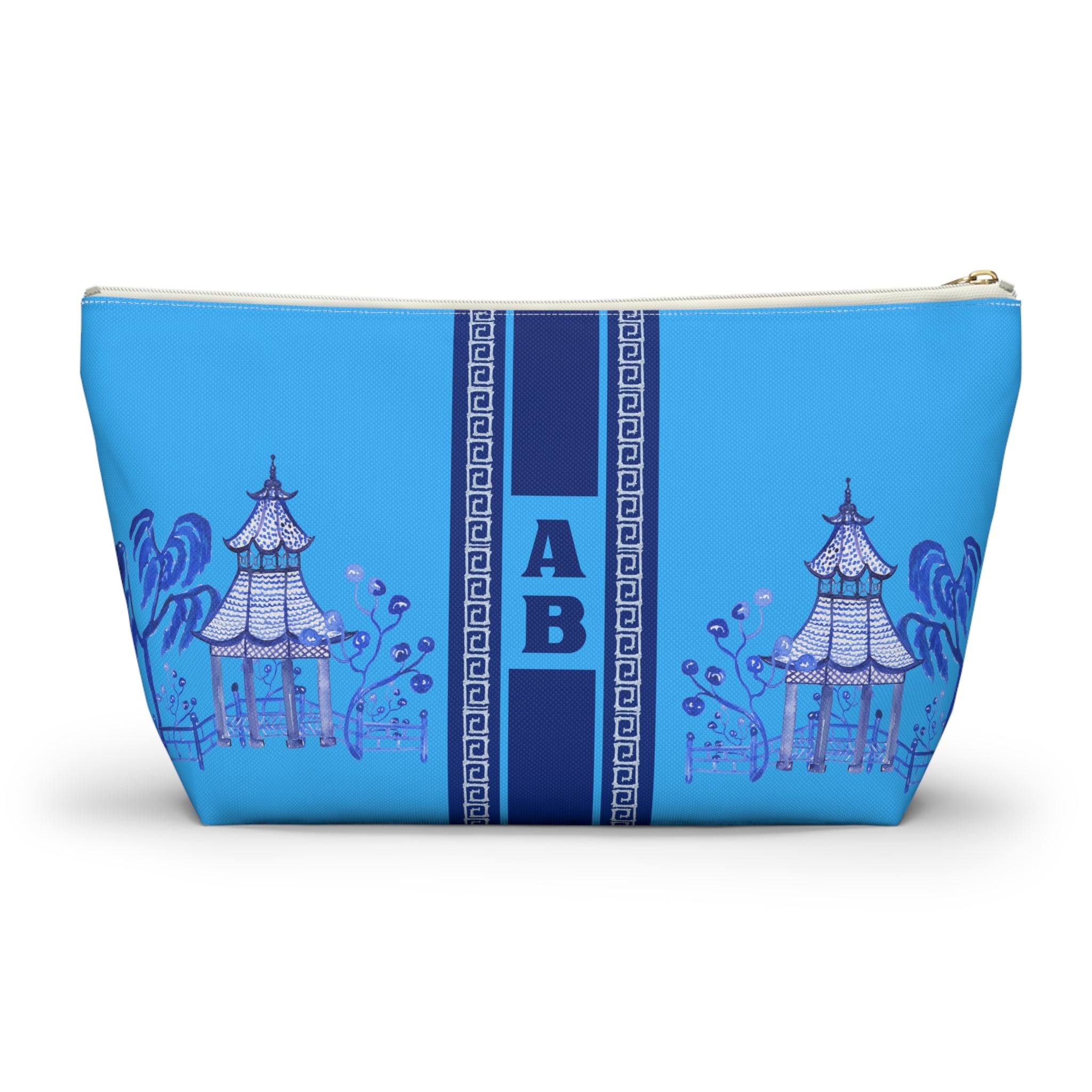 Monogrammed Blue Pagoda Mahjong Tile Bag: Chinoiserie Travel Pouch, Small and Large