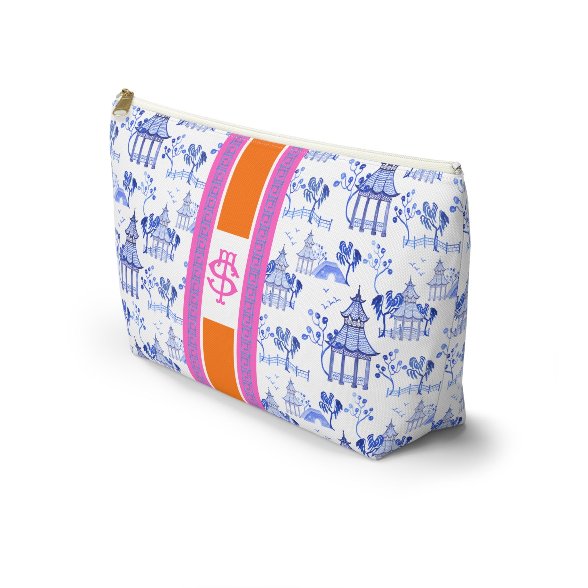 Monogrammed Mahjong Tile Bag: Chinoiserie Travel Pouch, Blue Pagoda, Orange, Small and Large