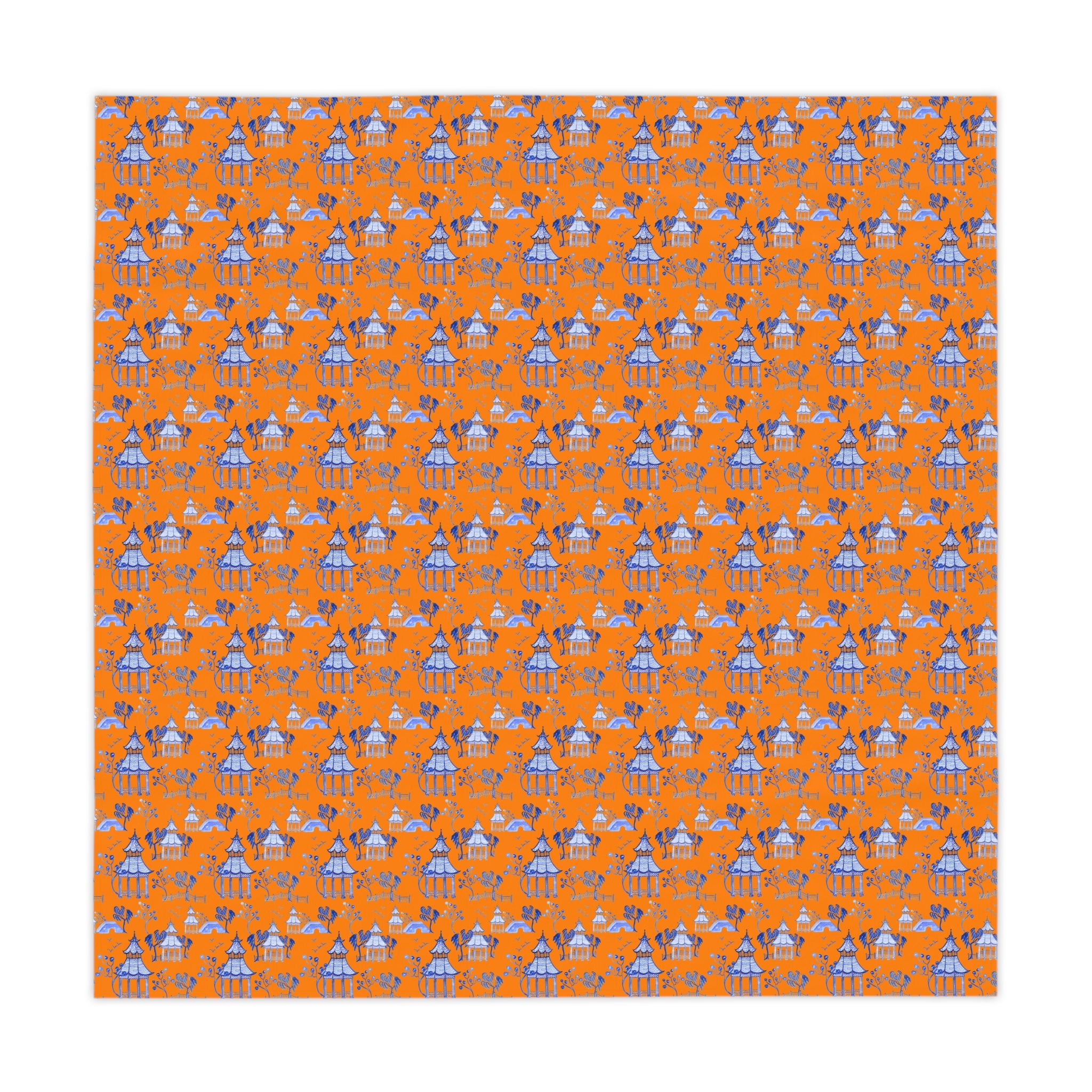 Blue on Orange Pagoda on Orange Tablecloth, Grandmillennial Table Cover, Hostess Gift
