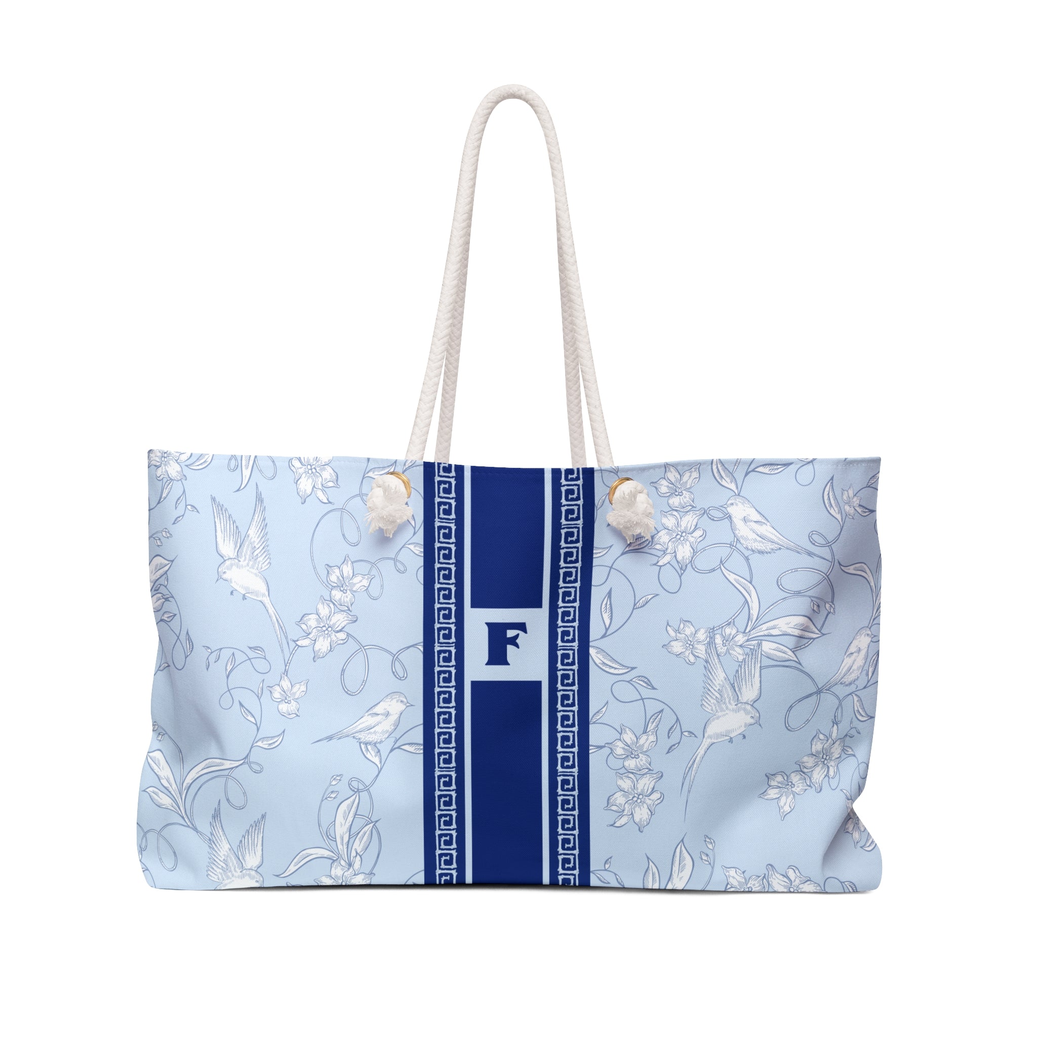 Monogram Mahjong Tiles Weekender Tote, Blue Birdies, Personalized Initial, Preppy Travel Duffel