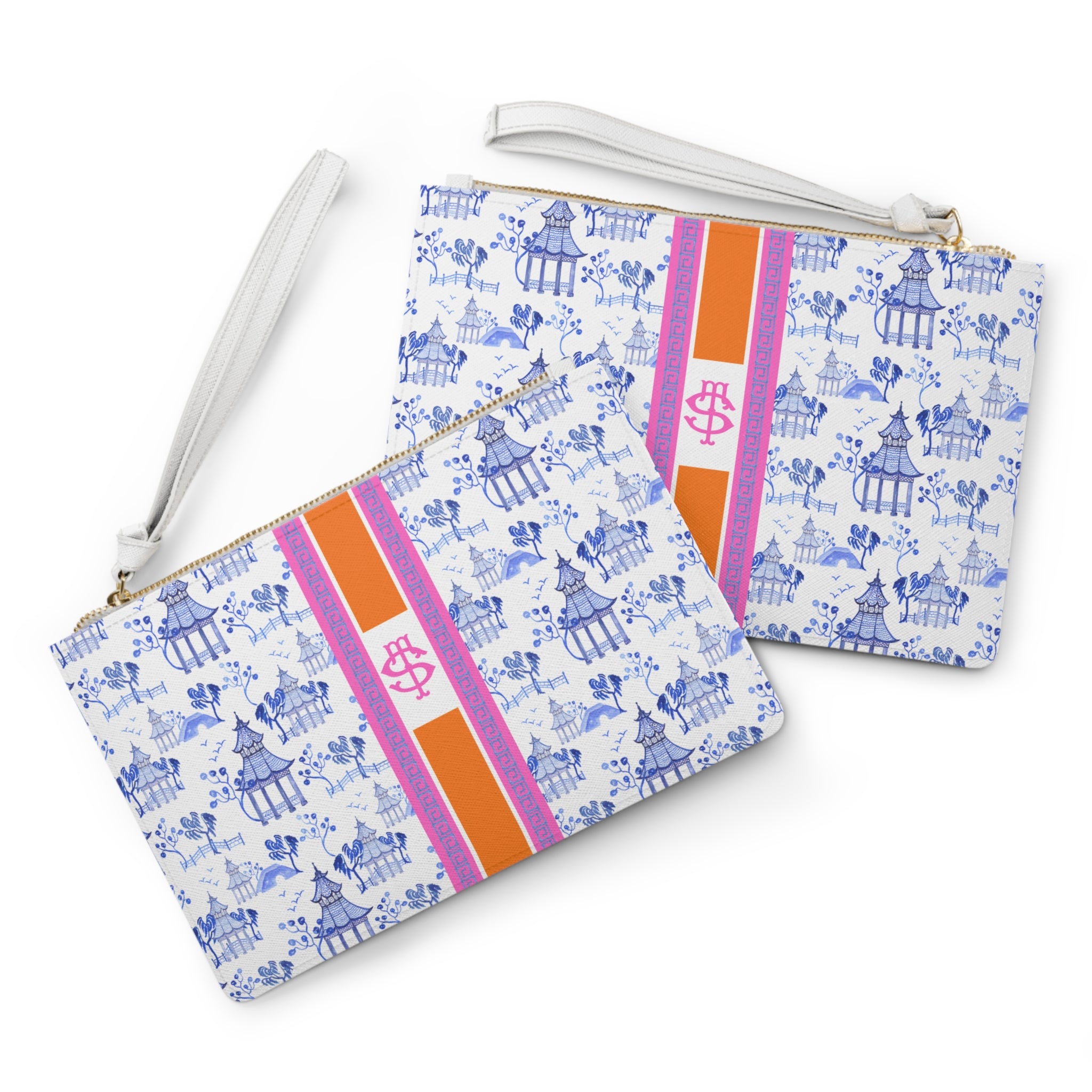 Personalized Mahjong Card Clutch: Chinoiserie Faux Leather Maj Pouch, Blue Pagoda