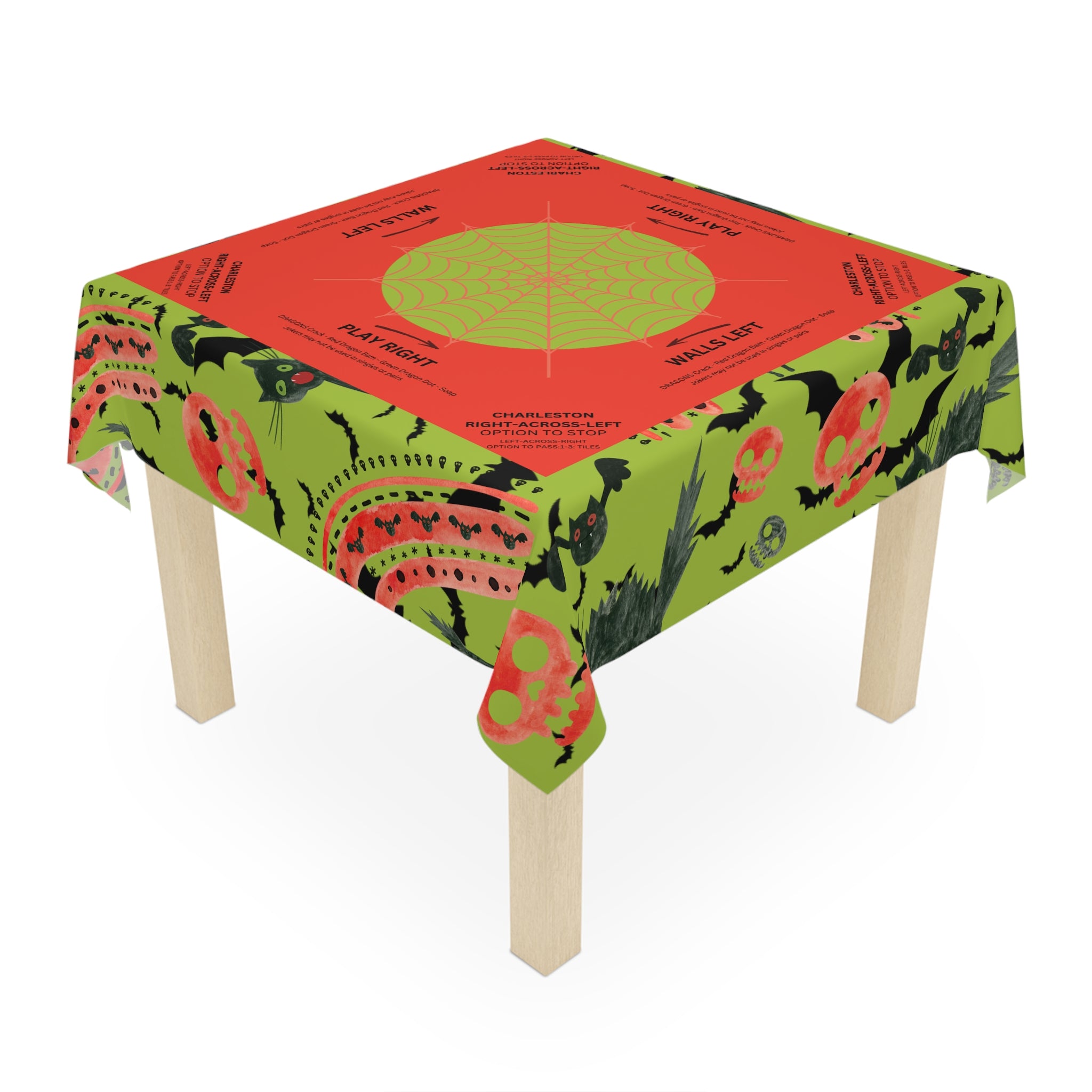 Halloween MAHJONG Tablecloth Black Cat, Charleston Rules, Size 55 x 55, Hostess Gift, Bats, Skulls, Green Orange, Instructions for Beginners