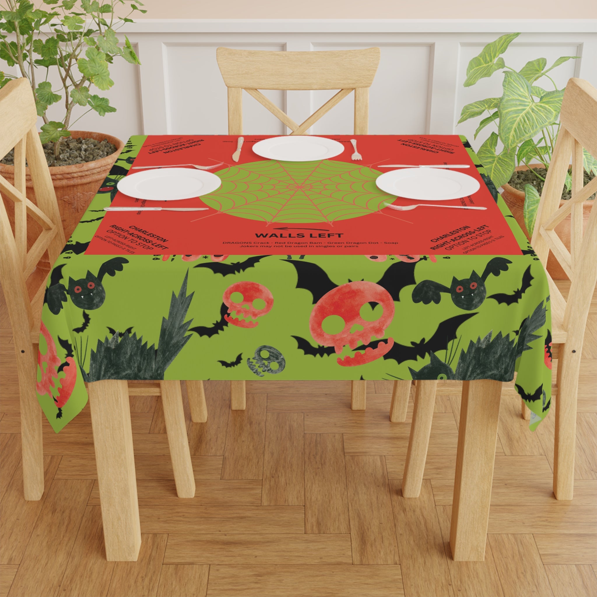 Halloween MAHJONG Tablecloth Black Cat, Charleston Rules, Size 55 x 55, Hostess Gift, Bats, Skulls, Green Orange, Instructions for Beginners