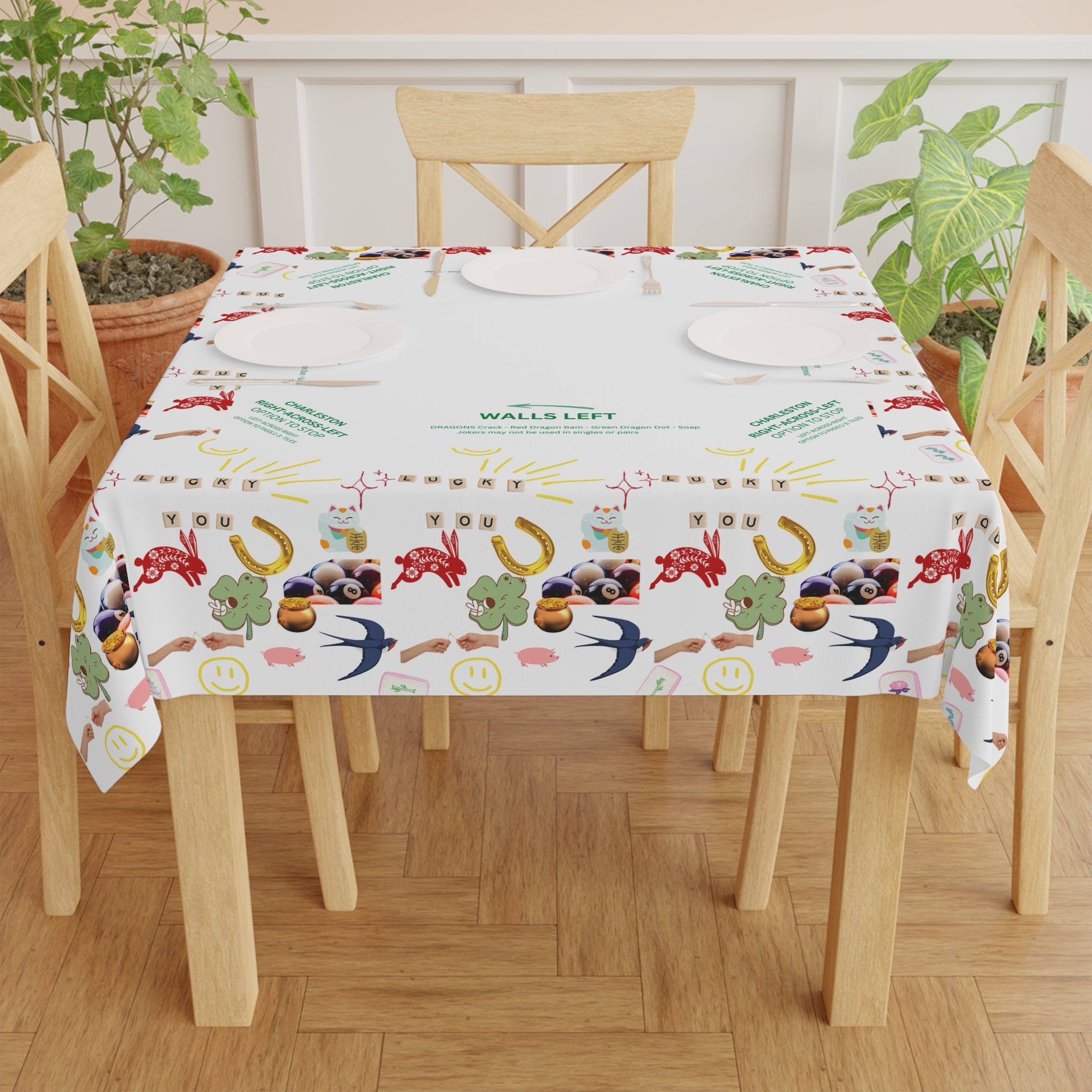 Lucky You Mahjong Game Night Tablecloth, Hostess Gift,  Beginners Rules, Instructions, 55x55, Cat, Horseshoe, Four Leaf Clover, Wishbone