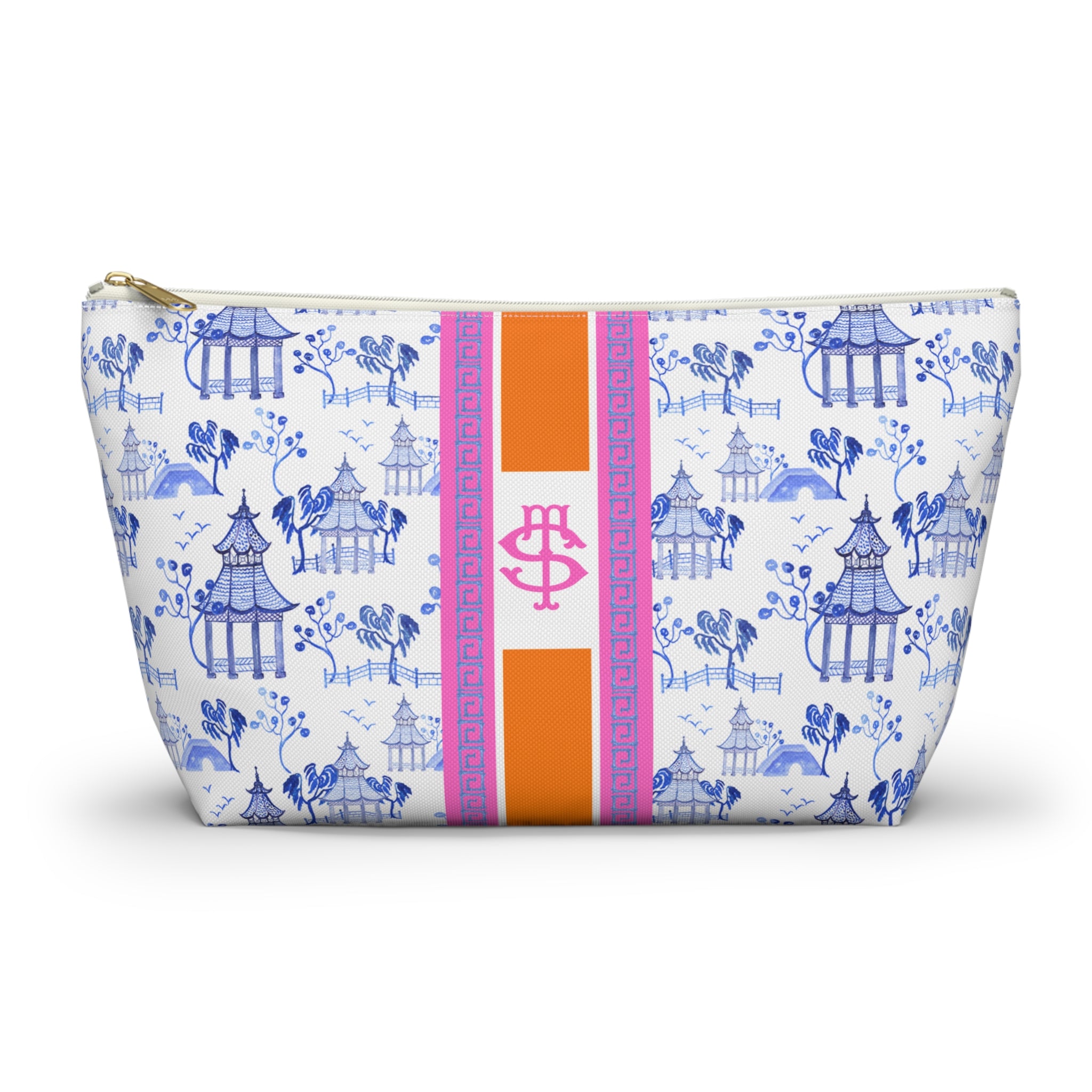Monogrammed Mahjong Tile Bag: Chinoiserie Travel Pouch, Blue Pagoda, Orange, Small and Large