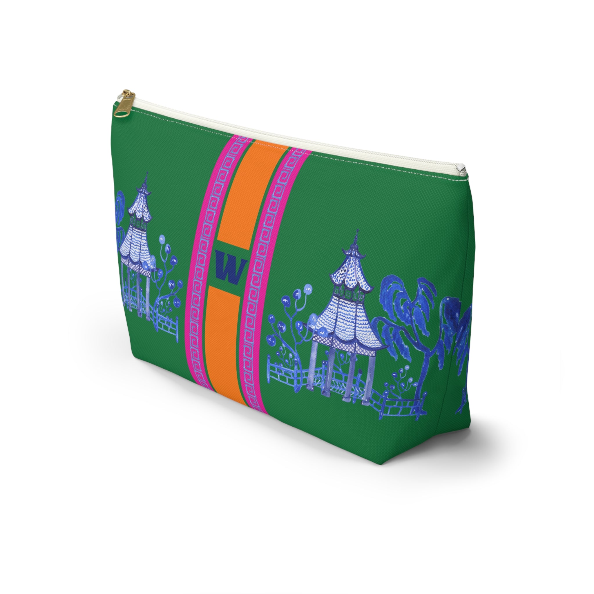 Monogrammed Green Pagoda Mahjong Tile Bag: Chinoiserie Travel Pouch, Small and Large