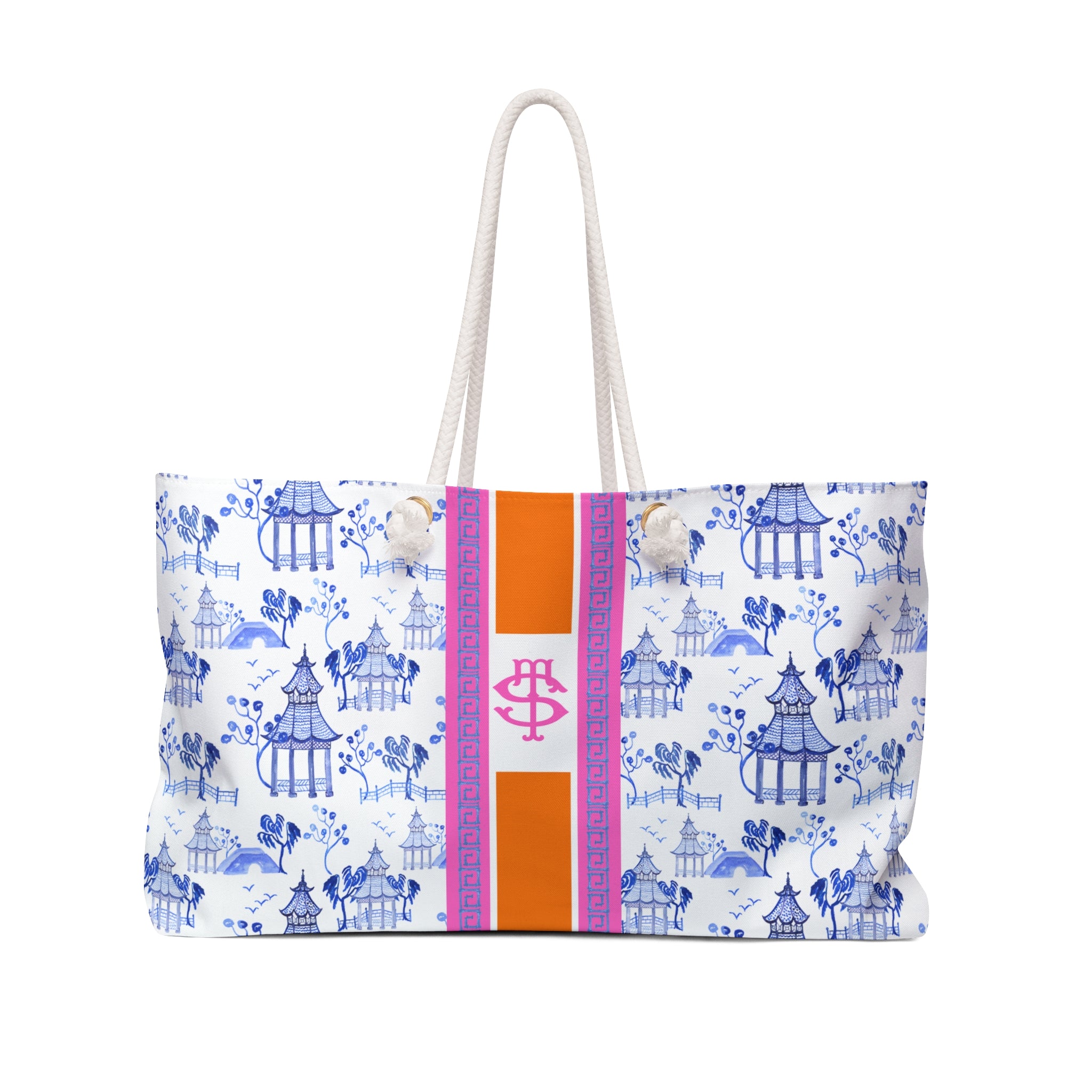 Monogrammed Chinoiserie Mahjong Tote Bag: Blue Pagoda Personalized Mahjong Gift, Maj Carry-All Travel Duffel