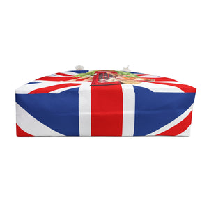 London Collage Art Beach Bag, Magnolia Parks, Baby Deer, Bee, British Flag, Weeping Willow, Travel Luggage, Large Red, White and Blue Tote