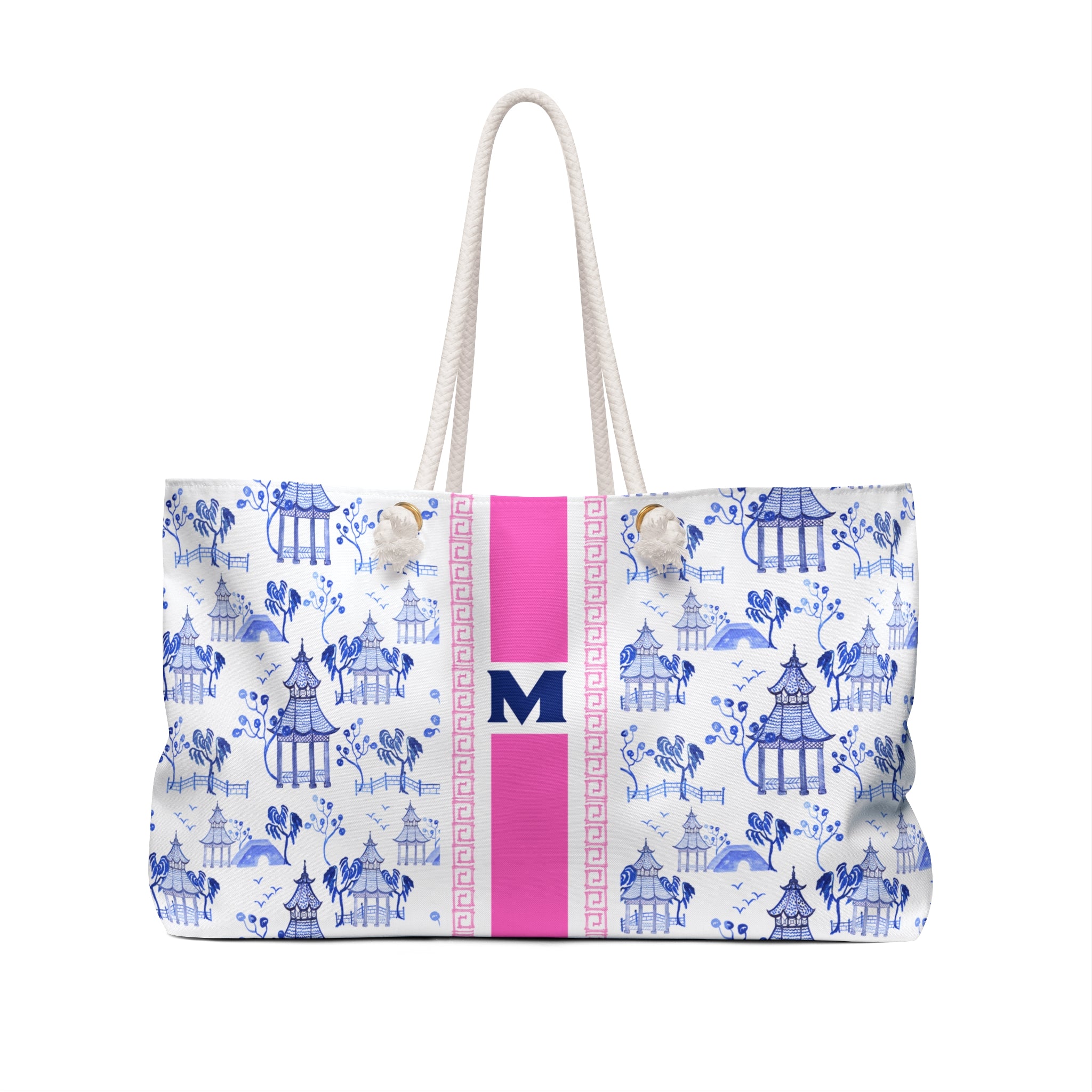 Monogrammed Chinoiserie Mahjong Tote Bag: Blue and Pink, Personalized Mahjong Gift, Maj Carry-All Travel Duffel