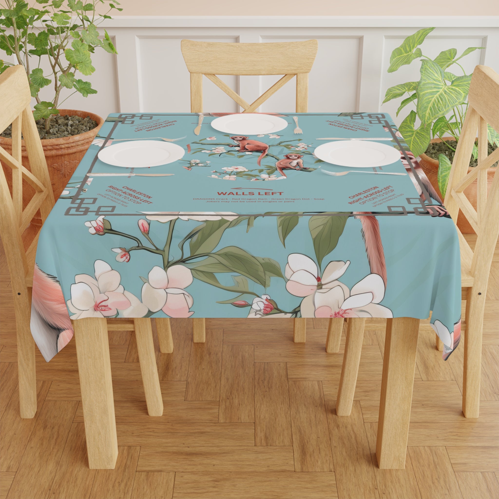 Mahjong Tablecloth, Chinoiserie Monkey Green Blue, Grandmillennial Table Cover, Hostess Gift, Game Night, Beginner Friendly Instructions