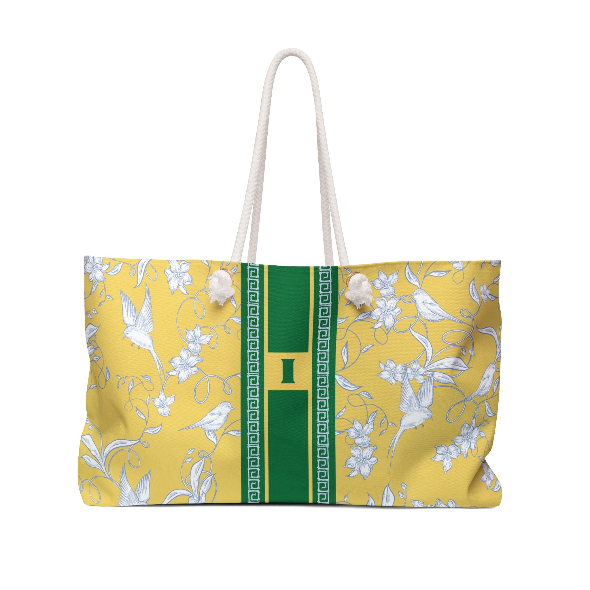 Monogramed Mahjong Tiles Weekender Tote, Personalized Initial, Yellow Birdie Overnight Carry-On