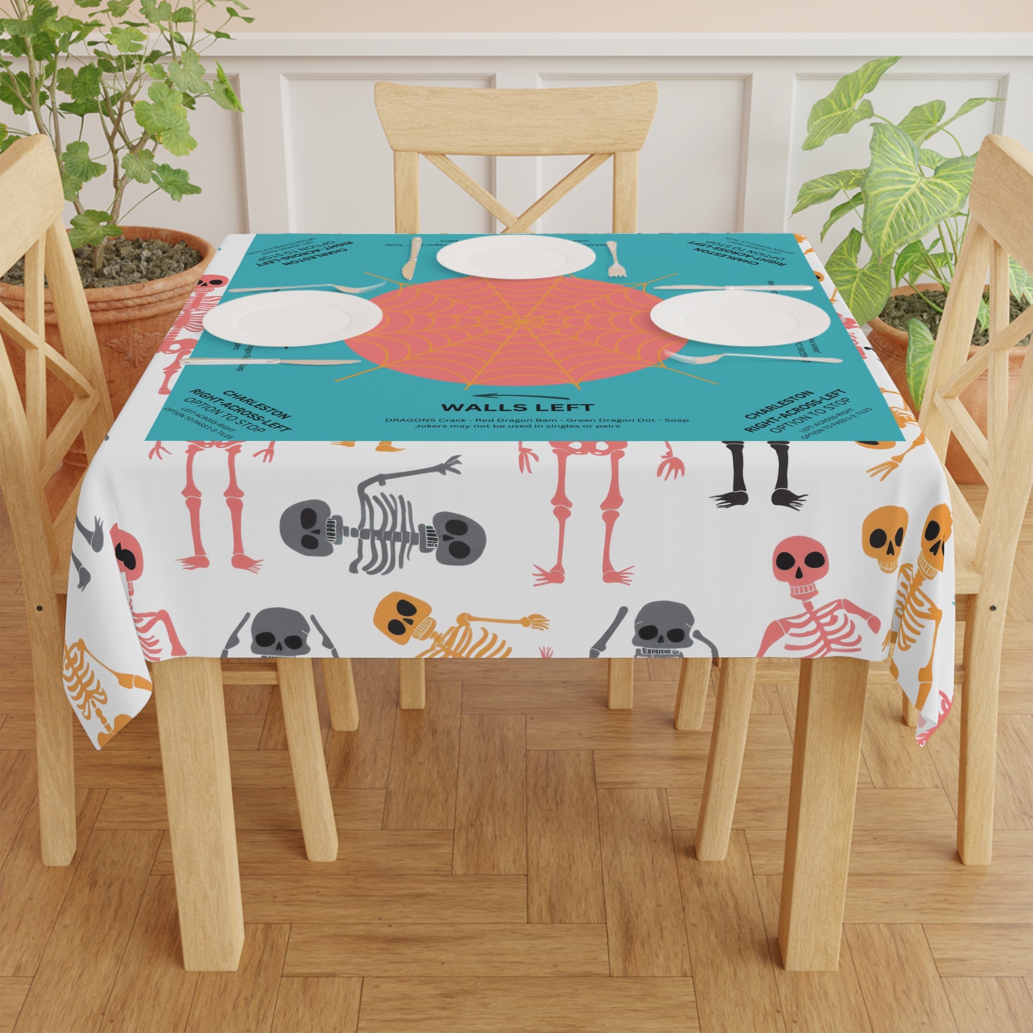 Halloween MAHJONG Tablecloth Skeletons, Charleston Rules, Size 55 x 55, Hostess Gift, Teal, Orange, Spider Web, Instructions for Beginners