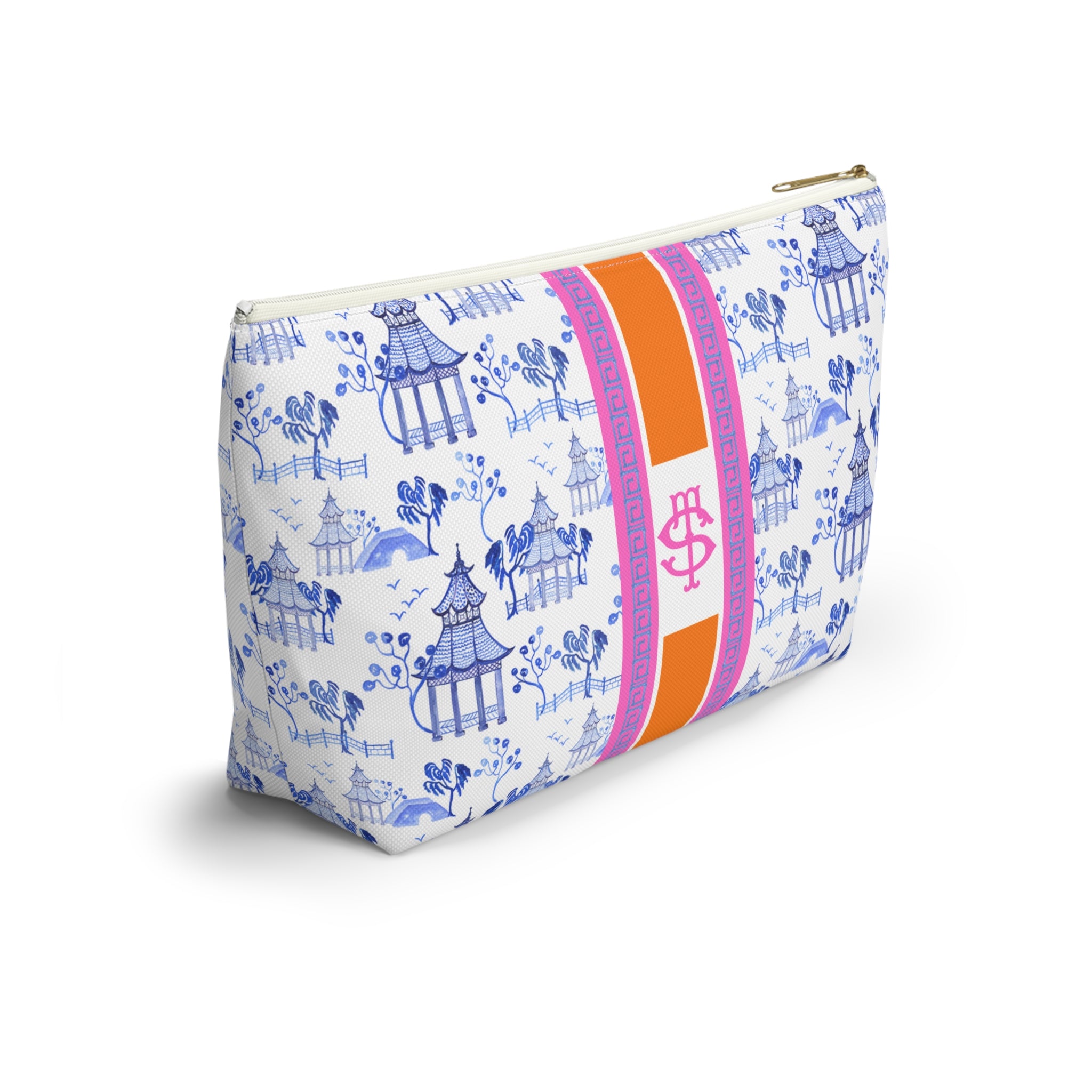 Monogrammed Mahjong Tile Bag: Chinoiserie Travel Pouch, Blue Pagoda, Orange, Small and Large