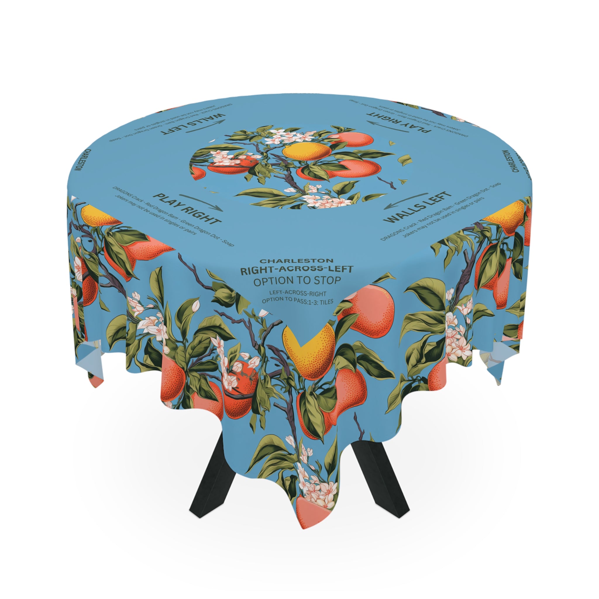 Mahjong Tablecloth, Orange Blossoms on Blue, Game Night, Chinoiserie Fruit, Summer in Italy, Hostess Gift, 55x55 Table Cover, Beginner
