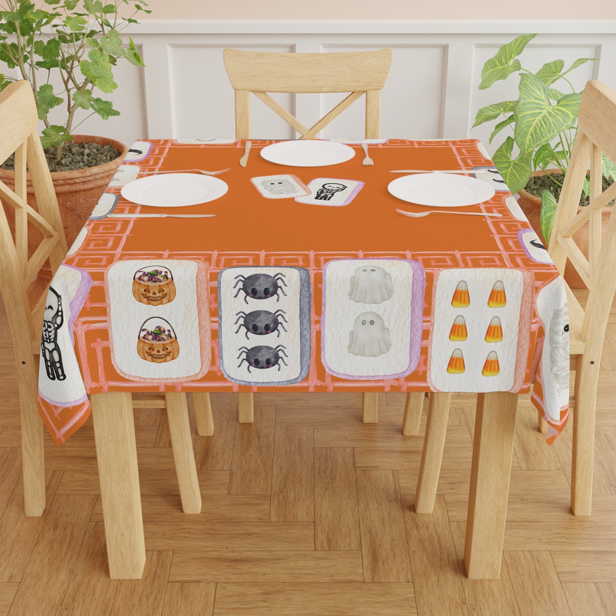 Halloween MAHJONG Tiles Tablecloth, 55 x 55, Hostess Gift, Bat, Pumpkin, Mummy, Skeleton, Ghost, Spider, Witch Hat, Handpainted Tiles