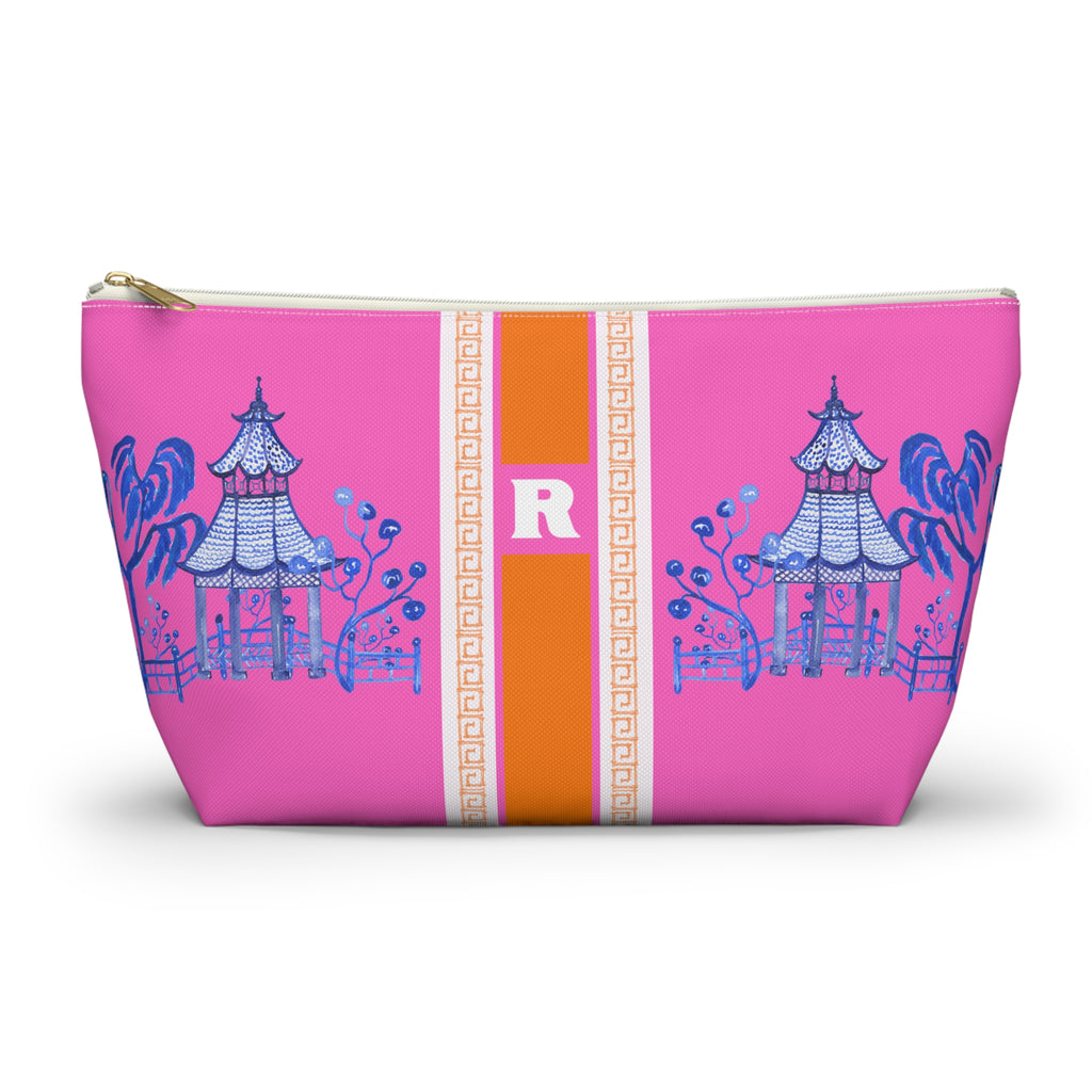 Monogrammed Mahjong Tile Bag: Chinoiserie Travel Pouch, Blue Pagoda on Pink, Small and Large