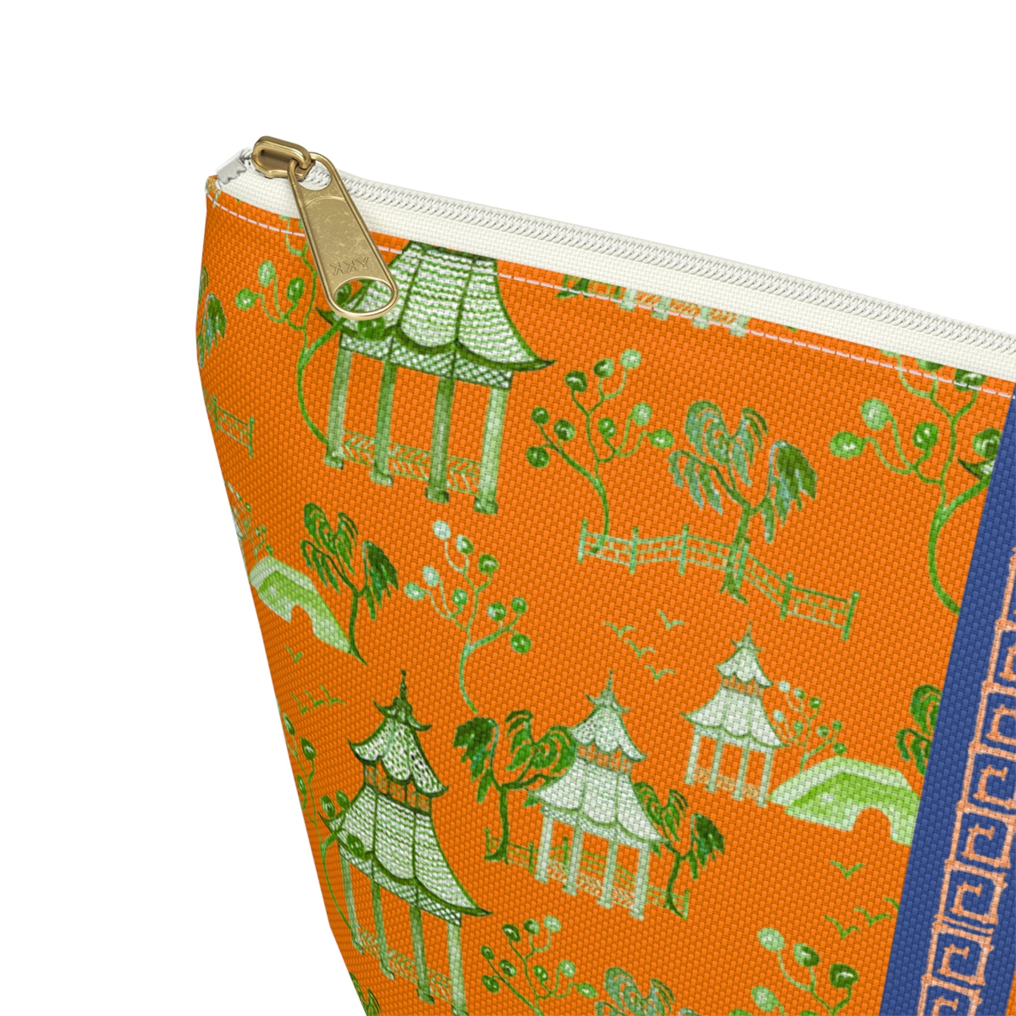 Monogrammed Mahjong Tile Bag: Chinoiserie Travel Pouch, Blue Pagoda On Orange, Small and Large