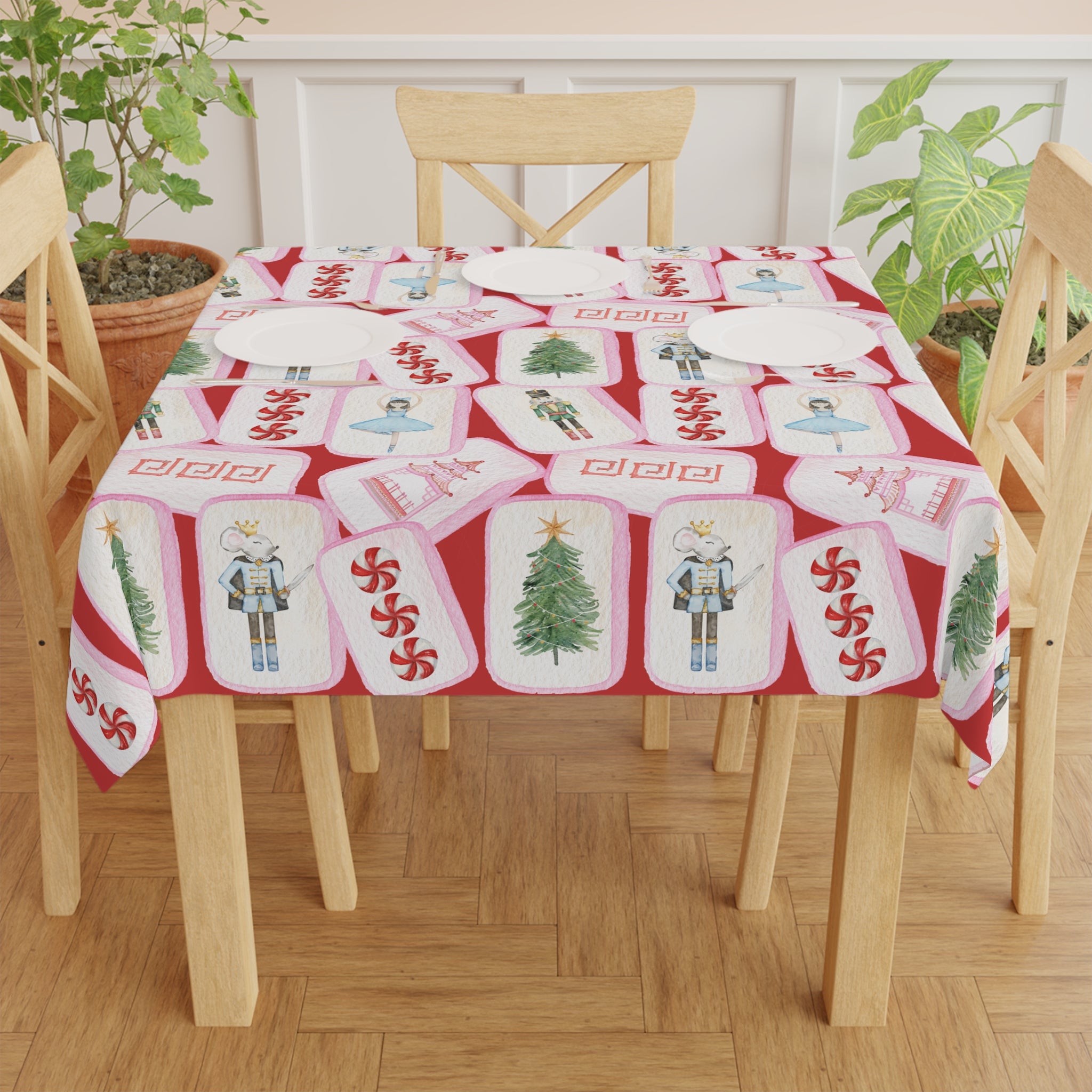 Christmas MAHJONG Tiles Tablecloth, Size 55 x 55, Nutcracker Theme, Hostess Gift, Mahj Prize, Red Holiday Table Cover with Christmas Trees