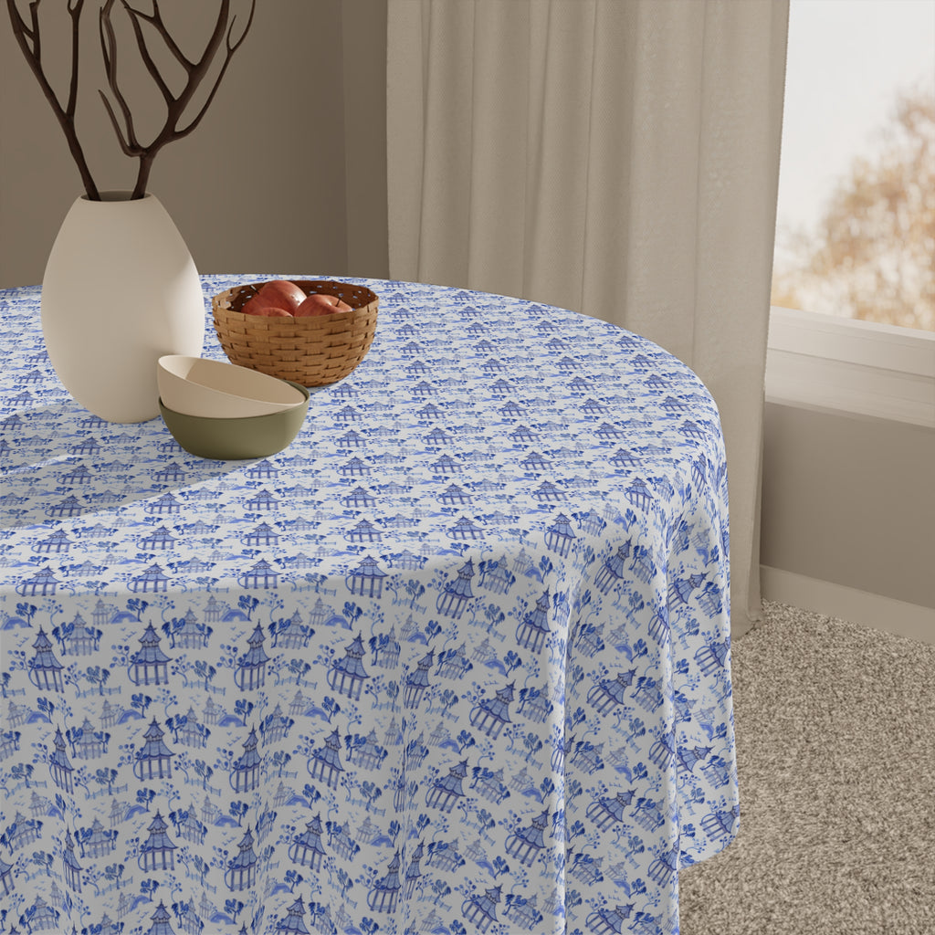 Blue Pagoda Tablecloth, Grandmillennial Table Cover, Hostess Gift