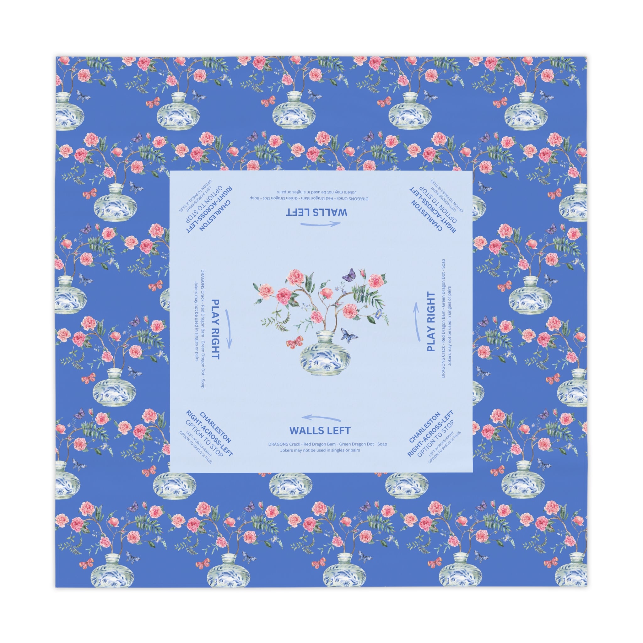 Mahjong Tablecloth, Spring Flowers, Game Night, Chinoiserie Vase, Pink, Hostess Gift, Table Cover, 55x55, Beginner Friendly, Instructions