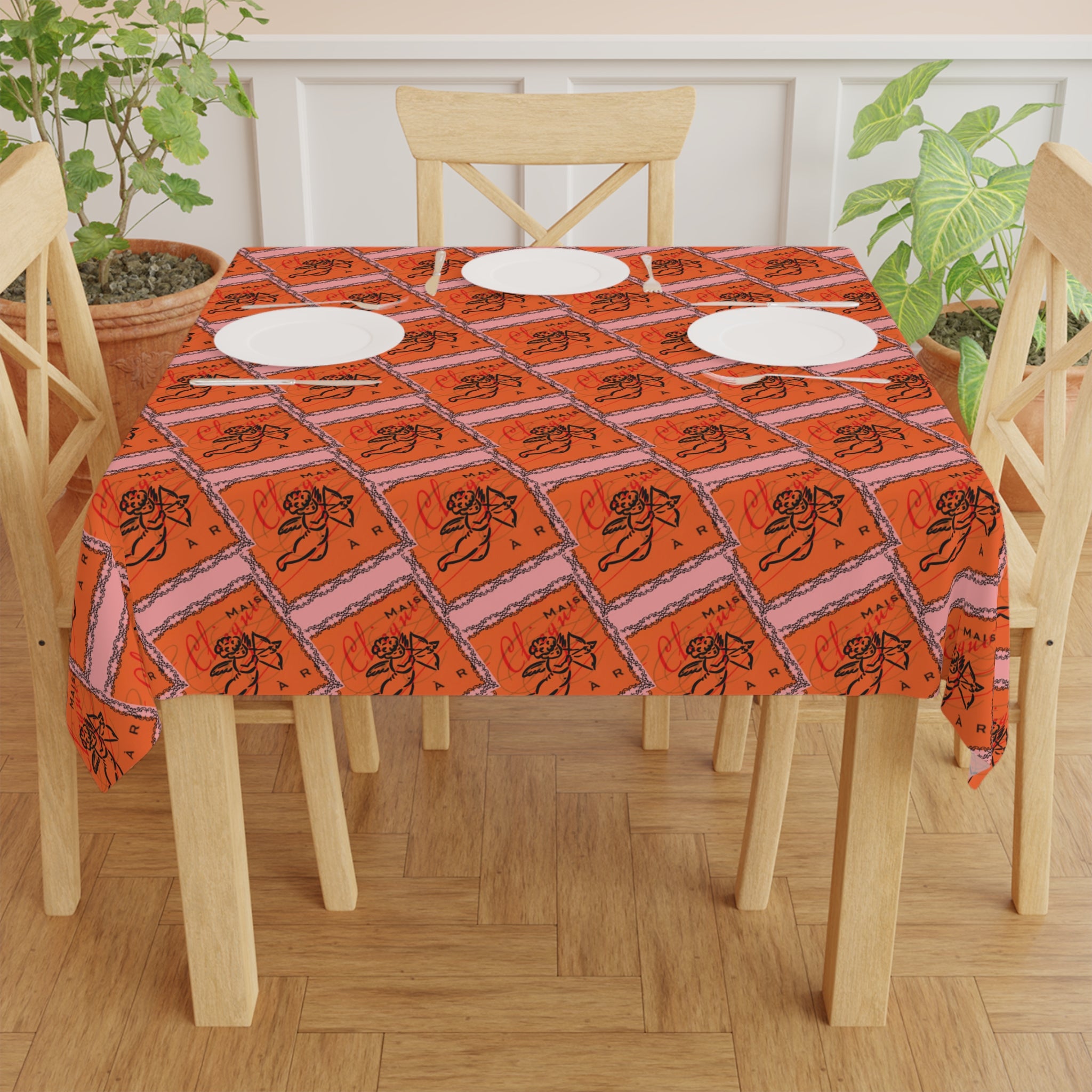Champagne Cupid Tablecloth, Game Night Essential for Mahjong Bunco, Poker, Galentine's, Holiday Celebration, Orange Pink 55x55 Table Cover