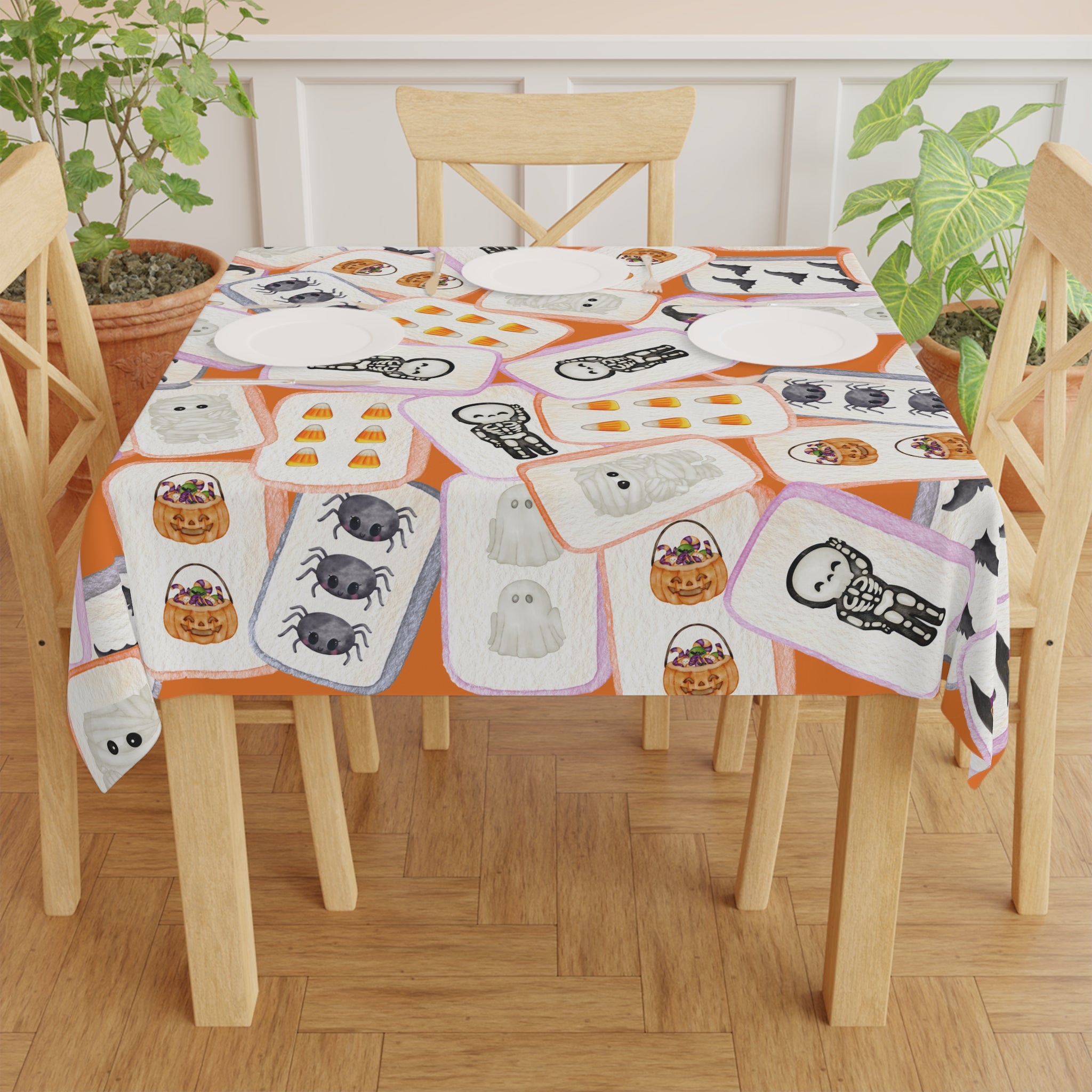 Halloween MAHJONG Tiles Tablecloth, 55 x 55, Hostess Gift, Bat, Pumpkin, Mummy, Skeleton, Ghost, Spider, Witch, Handpainted Tiles