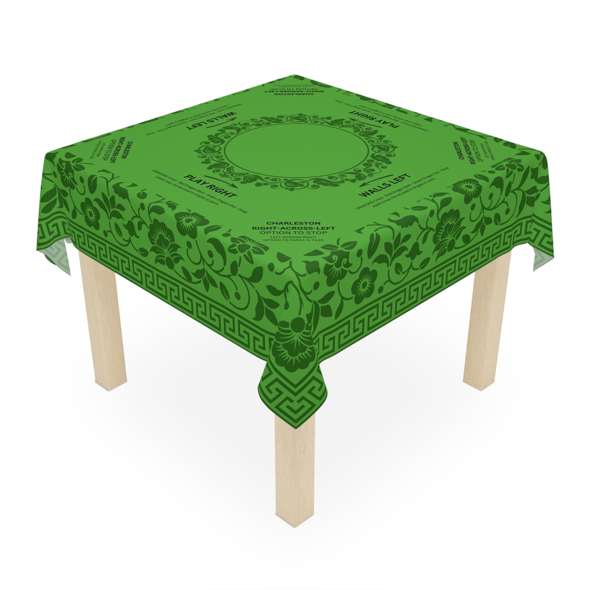 Green Floral MAHJONG Tablecloth, Instructions, Size 55 x 55, With Rules for Beginners, Saint Patrick's Day