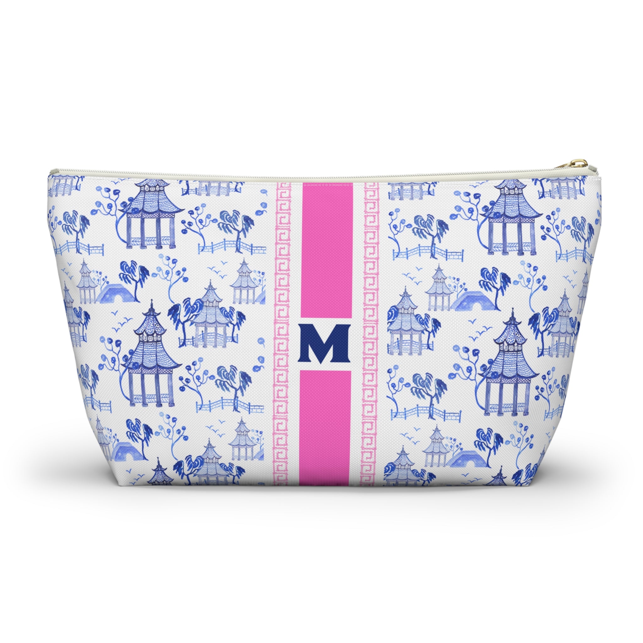 Monogrammed Mahjong Tile Bag: Chinoiserie Travel Pouch, Blue Pagoda, Small and Large