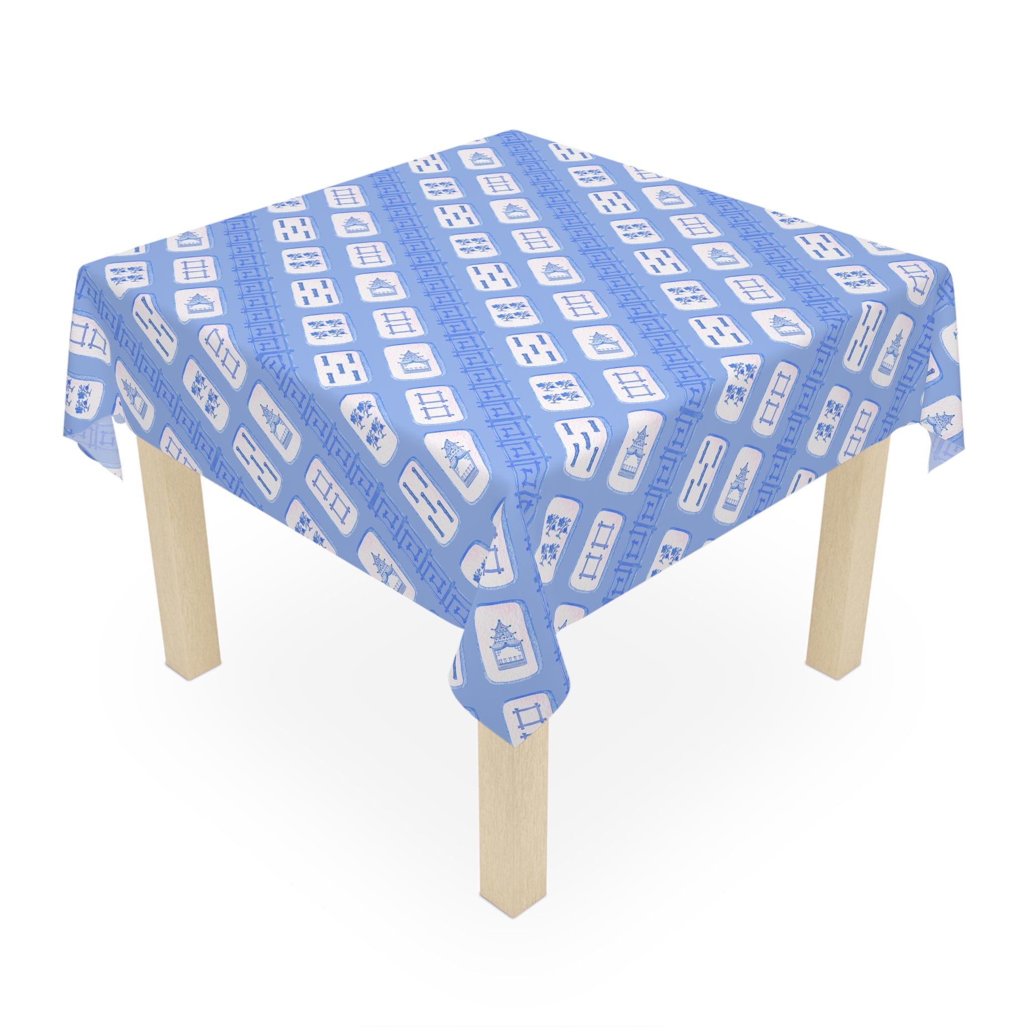Blue Chinoiserie Mahjong Tile Tablecloth, Grandmillennial Table Cover, Hostess Gift, Game Night, West Palm Beach Style, Preppy Bamboo