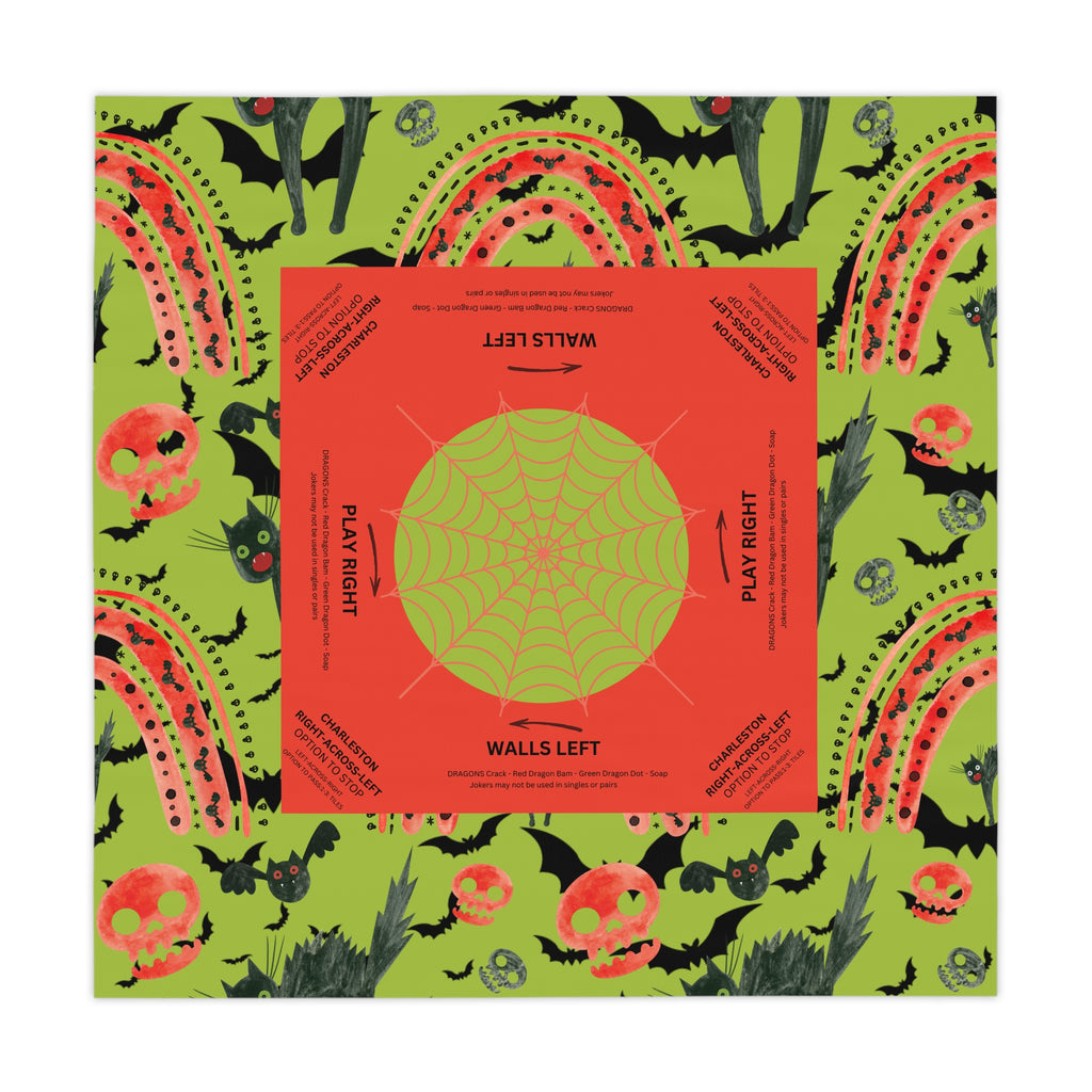 Halloween MAHJONG Tablecloth Black Cat, Charleston Rules, Size 55 x 55, Hostess Gift, Bats, Skulls, Green Orange, Instructions for Beginners