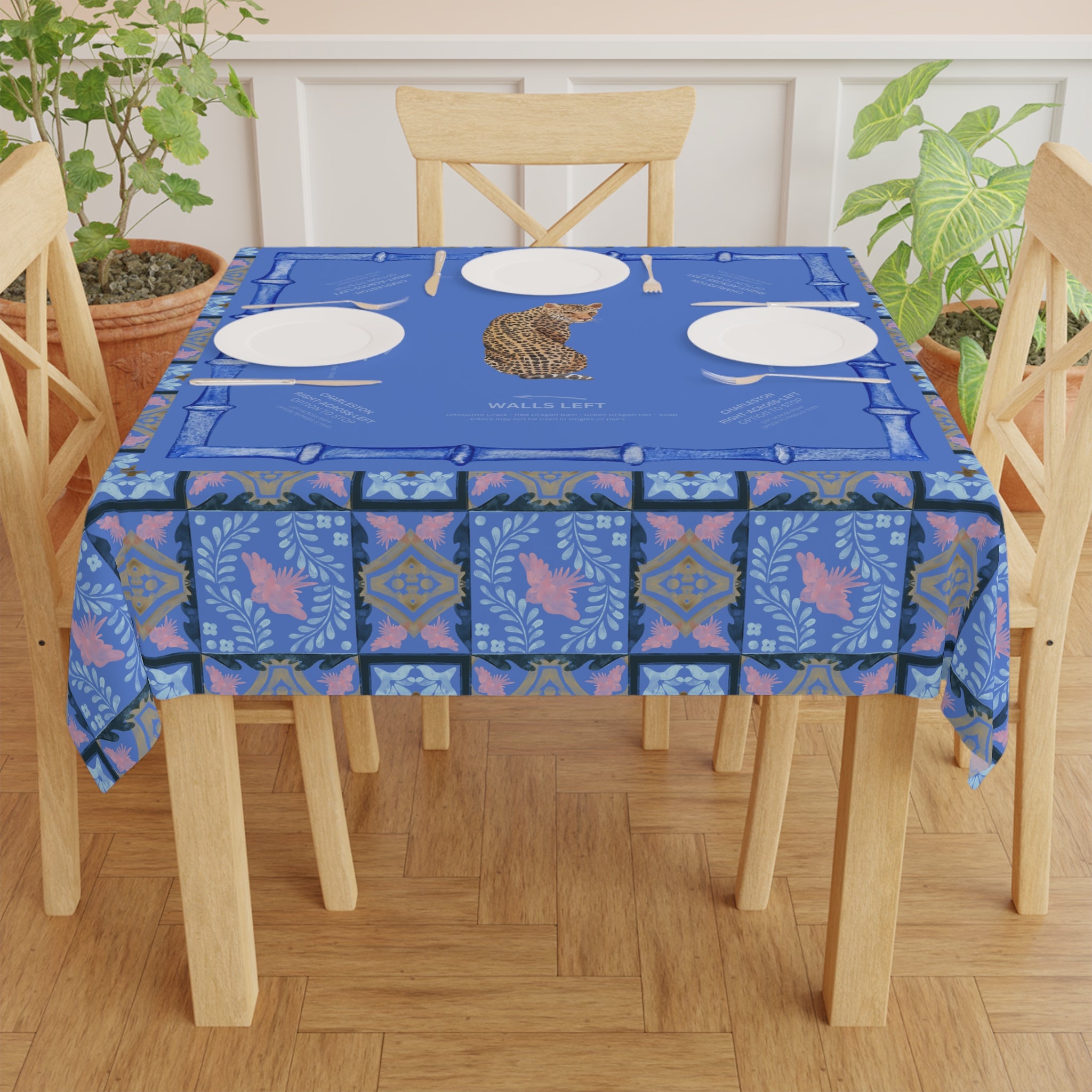 Chinoiserie Leopard Tablecloth, Grandmillennial Table Cover, Hostess Gift, Charleston Rules, West Palm Beach Vibe, Blue Bamboo, Beginners