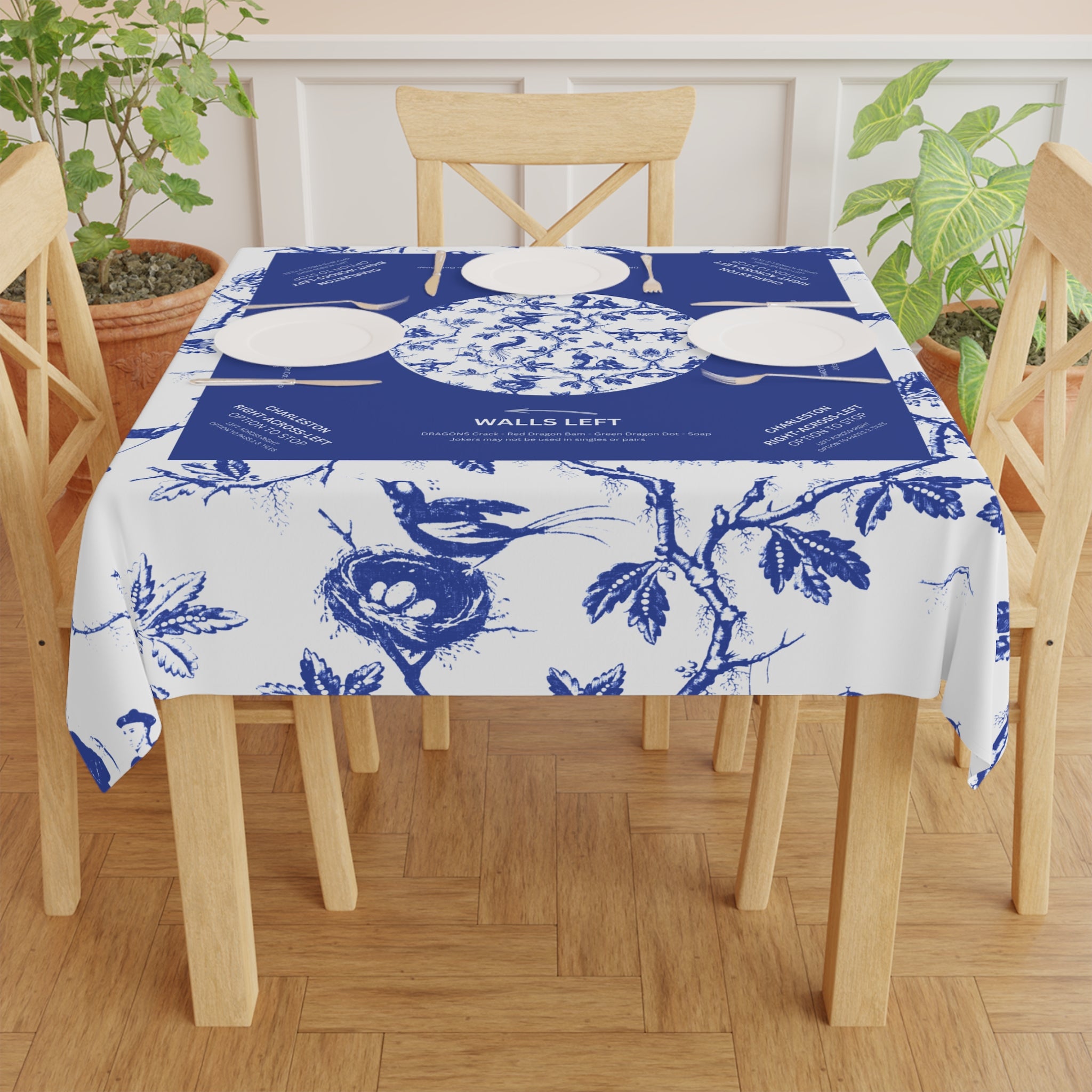 Mahjong Tablecloth, Indigo, Instructions, Rules, 55x55, Game Night, Beginner Friendly, Table Cover, Hostess Gift Chinoiserie Blue and White