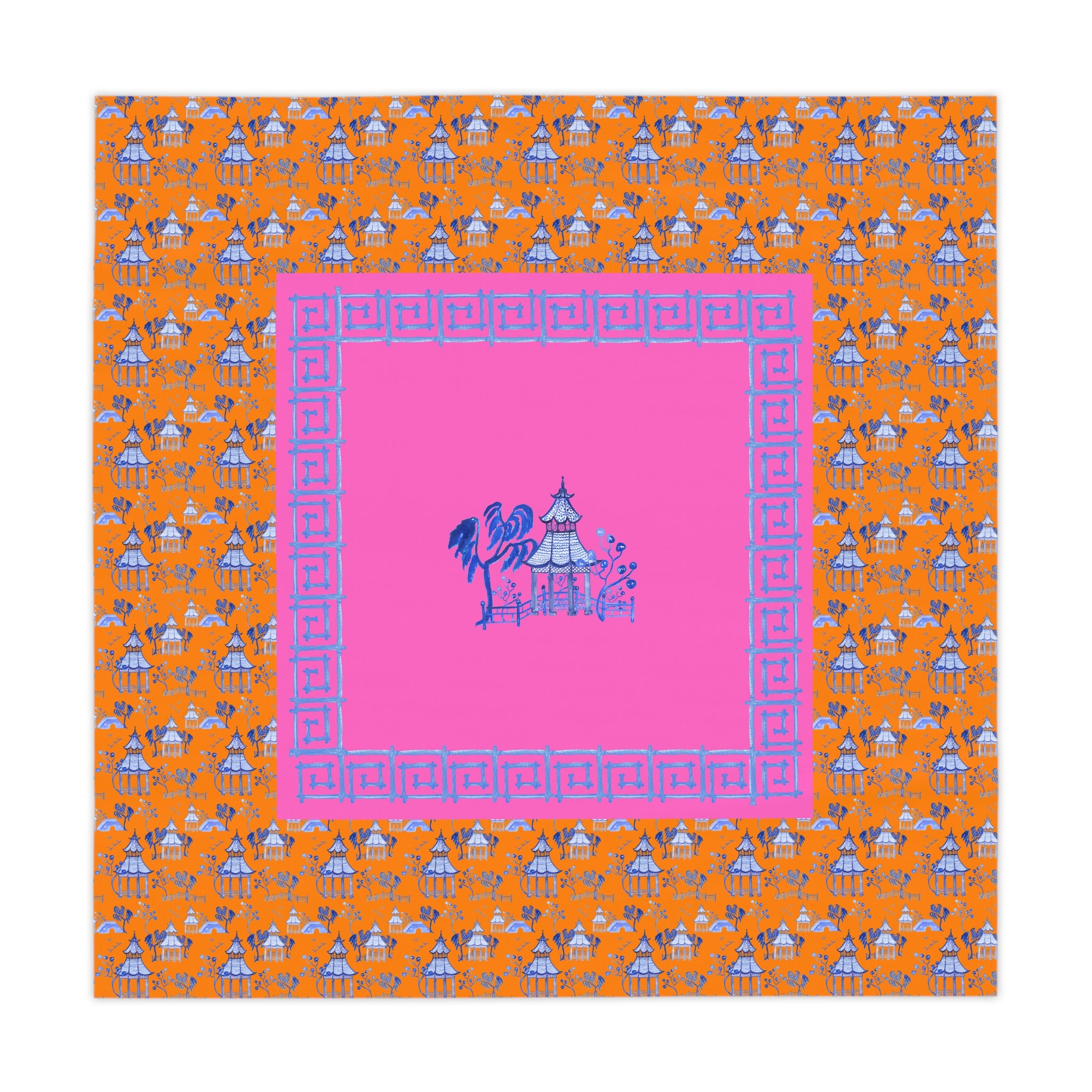 Blue Pagoda on Orange Tablecloth, Grandmillennial Table Cover, Hostess Gift