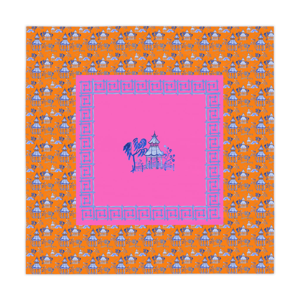 Blue Pagoda on Orange Tablecloth, Grandmillennial Table Cover, Hostess Gift