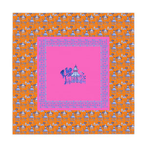 Blue Pagoda on Orange Tablecloth, Grandmillennial Table Cover, Hostess Gift