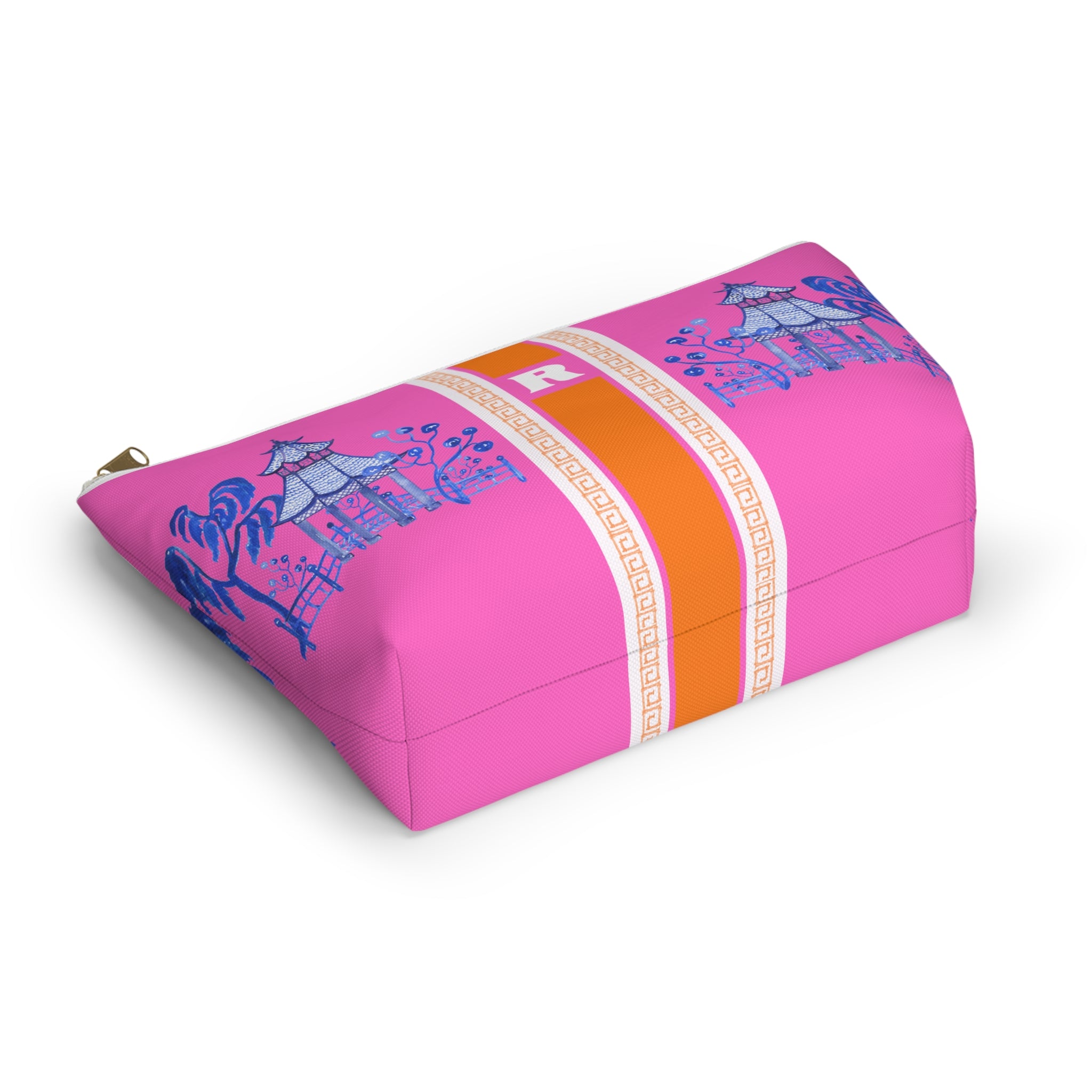 Monogrammed Mahjong Tile Bag: Chinoiserie Travel Pouch, Blue Pagoda on Pink, Small and Large