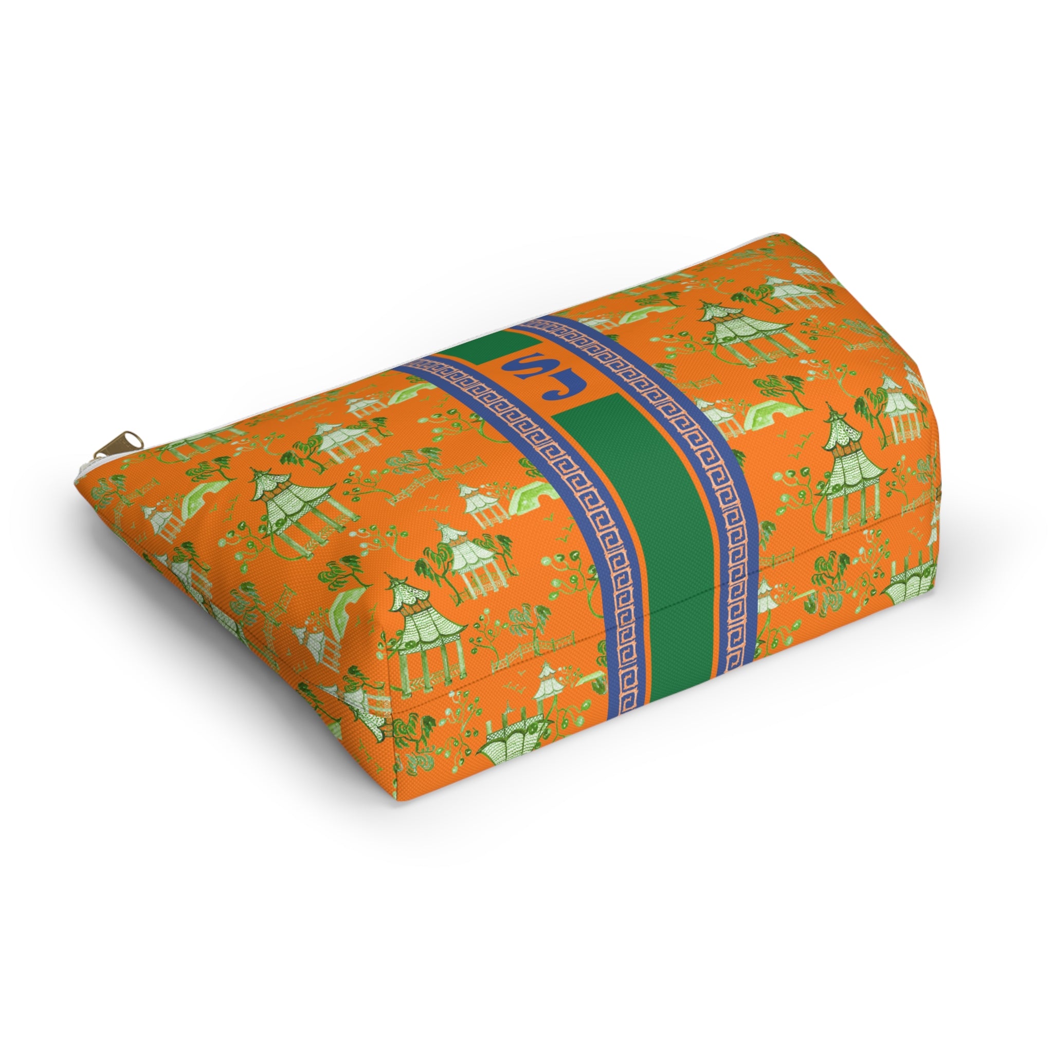 Monogrammed Mahjong Tile Bag: Chinoiserie Travel Pouch, Blue Pagoda On Orange, Small and Large