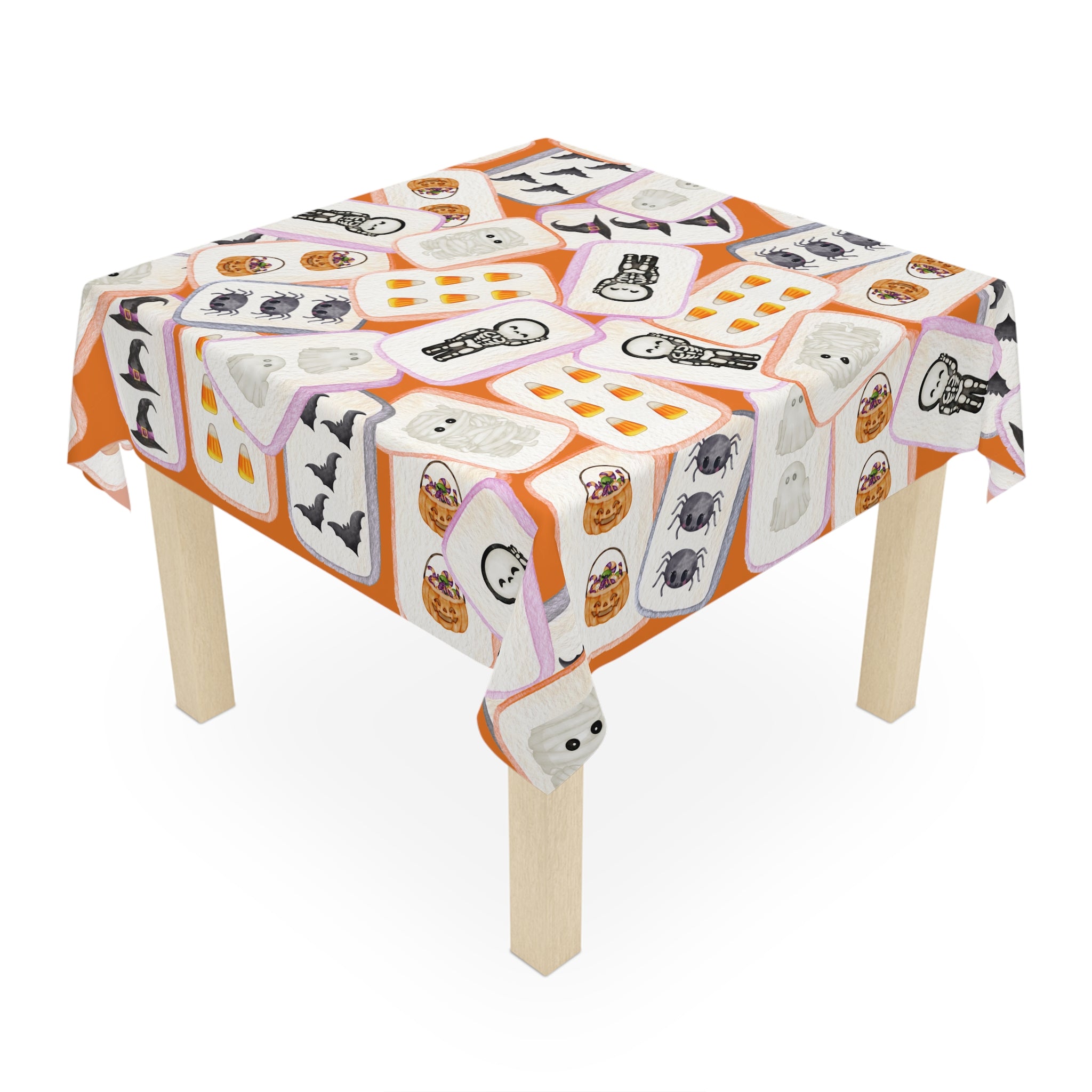 Halloween MAHJONG Tiles Tablecloth, 55 x 55, Hostess Gift, Bat, Pumpkin, Mummy, Skeleton, Ghost, Spider, Witch, Handpainted Tiles